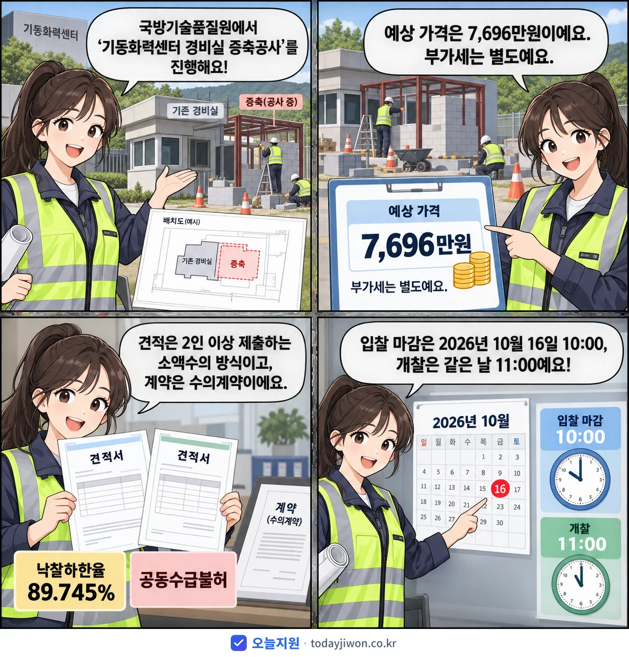 4컷 만화로 보는 공고: 국방기술품질원 '기동화력센터 경비실 증축공사', 추정가격 7,696만원, 입찰 마감 10/16 10:00