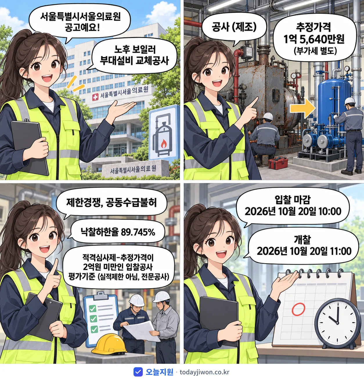 4컷 만화로 보는 공고: 서울특별시서울의료원 '노후 보일러 부대설비 교체공사', 추정가격 1억 5,640만원, 입찰 마감 10/20 10:00