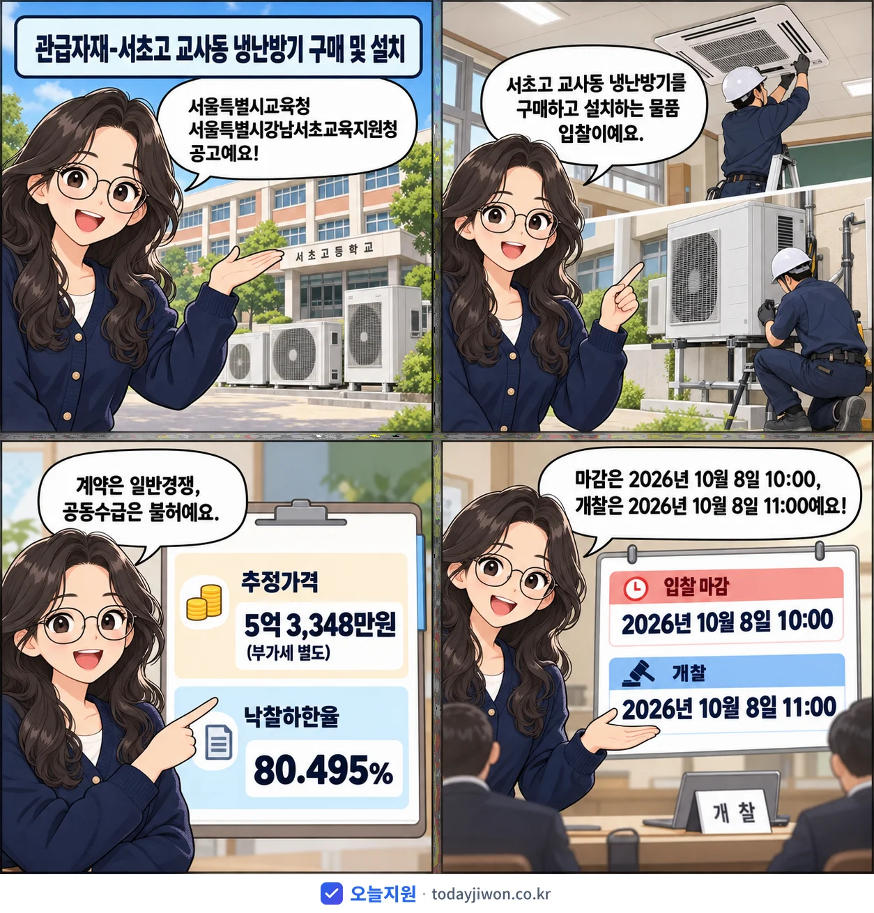 4컷 만화로 보는 공고: 서울특별시교육청 서울특별시강남서초교육지원청 '관급자재-서초고 교사동 냉난방기 구매 및 설치', 추정가격 5억 3,348만원, 입찰 마감 10/8 10:00