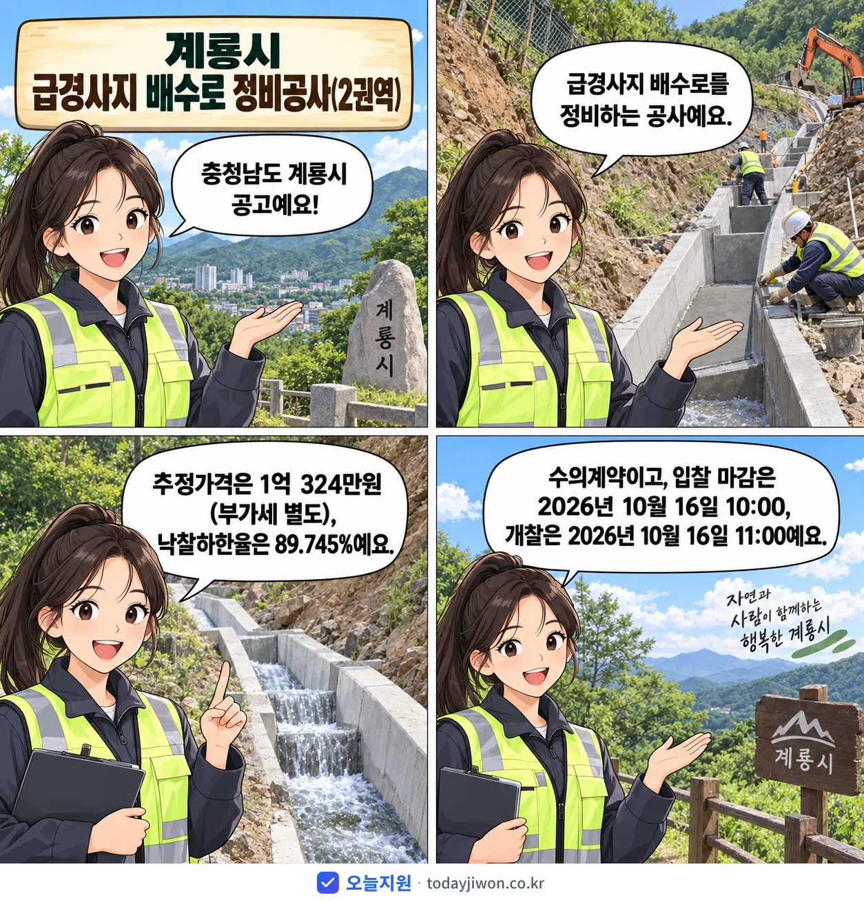 4컷 만화로 보는 공고: 충청남도 계룡시 '계룡시 급경사지 배수로 정비공사(2권역)', 추정가격 1억 324만원, 입찰 마감 10/16 10:00