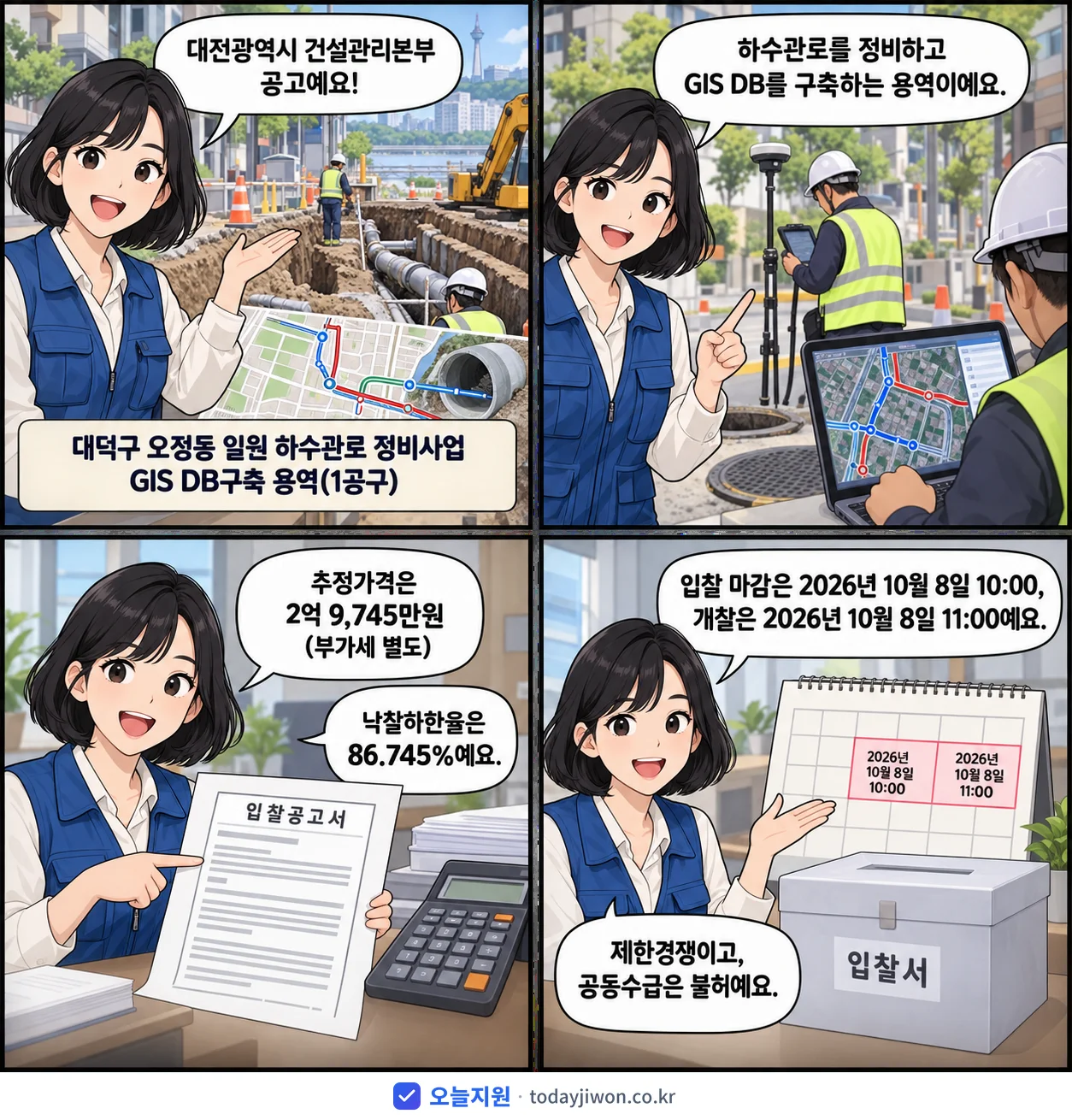 4컷 만화로 보는 공고: 대전광역시 건설관리본부 '대덕구 오정동 일원 하수관로 정비사업 GIS DB구축 용역(1공구)', 추정가격 2억 9,745만원, 입찰 마감 10/8 10:00