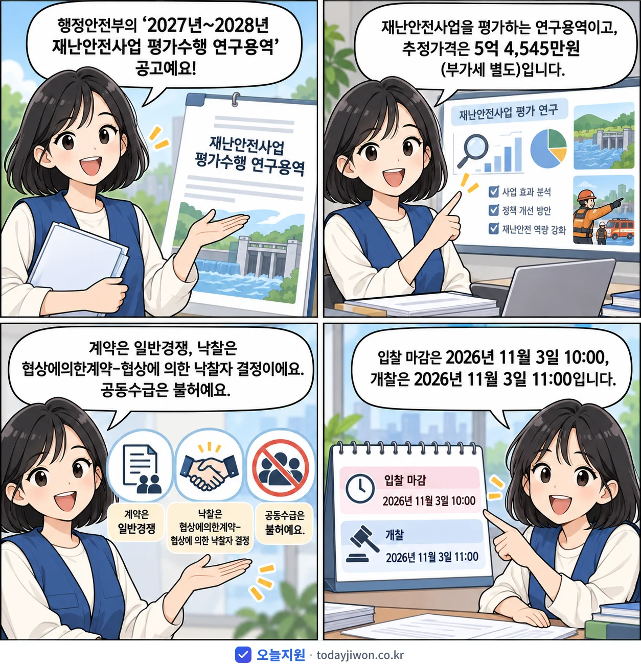 4컷 만화로 보는 공고: 행정안전부 '~2028년 재난안전사업 평가수행 연구용역', 추정가격 5억 4,545만원, 입찰 마감 11/3 10:00