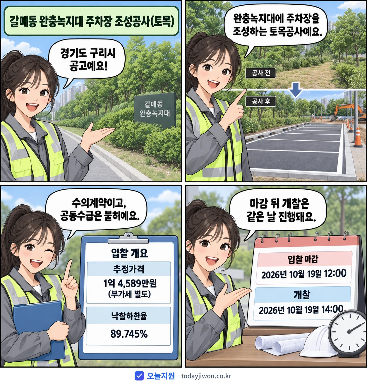 4컷 만화로 보는 공고: 경기도 구리시 '갈매동 완충녹지대 주차장 조성공사(토목)', 추정가격 1억 4,589만원, 입찰 마감 10/19 12:00