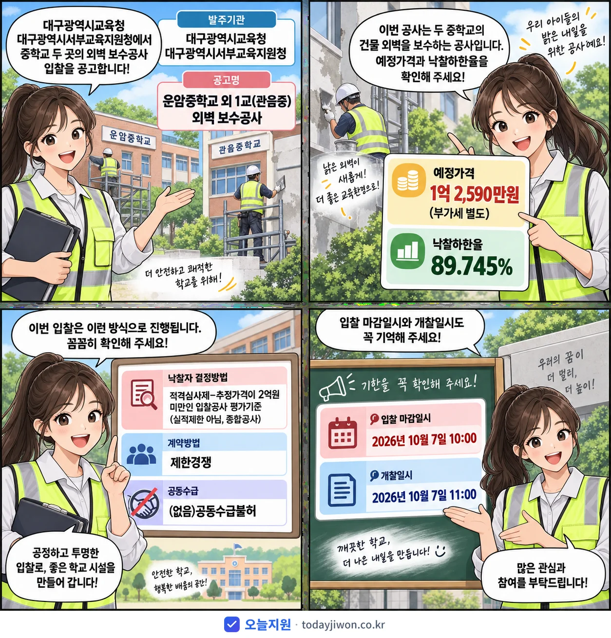 4컷 만화로 보는 공고: 대구광역시교육청 대구광역시서부교육지원청 '운암중학교 외 1교(관음중) 외벽 보수공사', 추정가격 1억 2,590만원, 입찰 마감 10/7 10:00