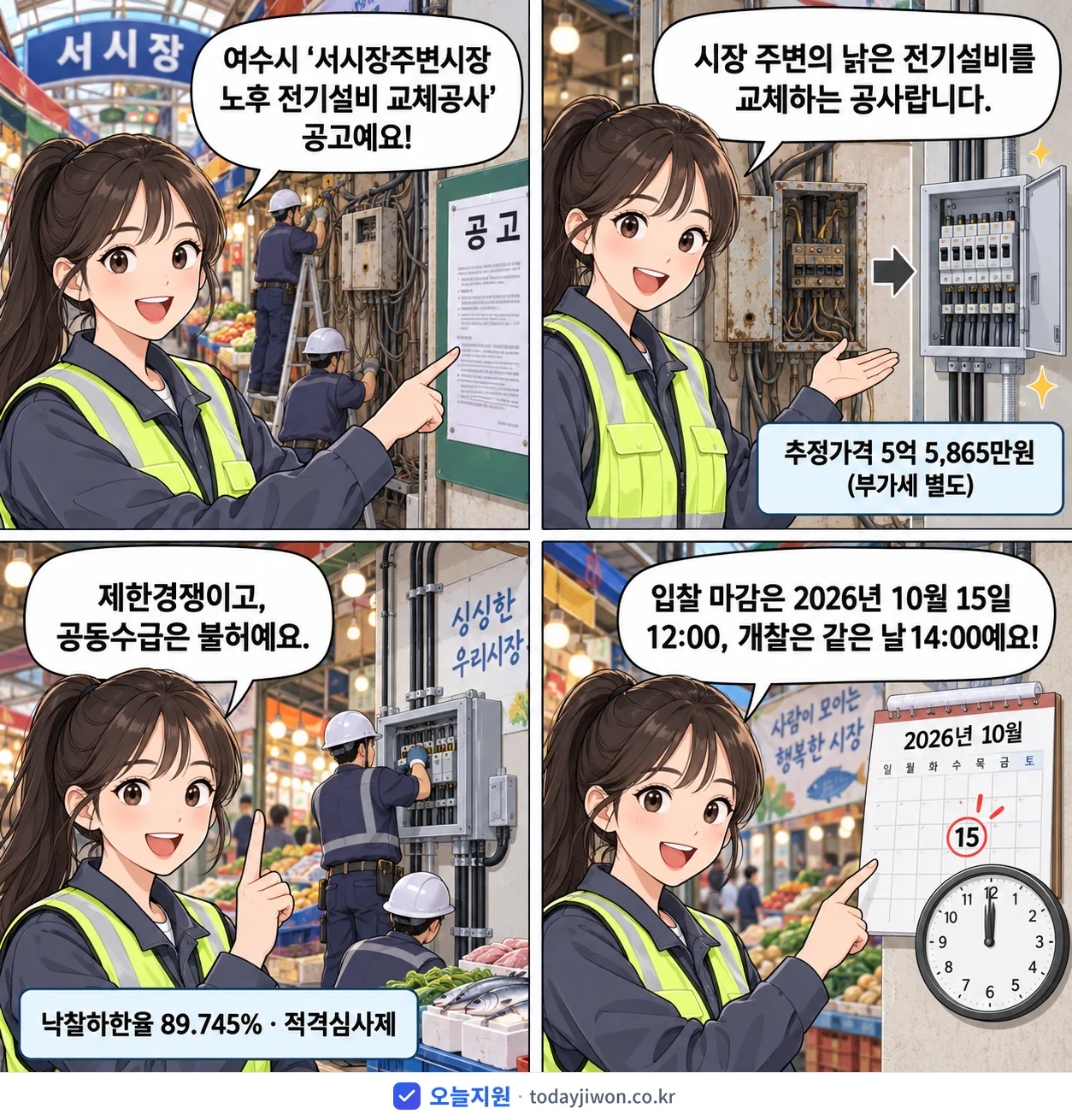 4컷 만화로 보는 공고: 전남광주통합특별시 여수시 '서시장주변시장 노후 전기설비 교체공사', 추정가격 5억 5,865만원, 입찰 마감 10/15 12:00