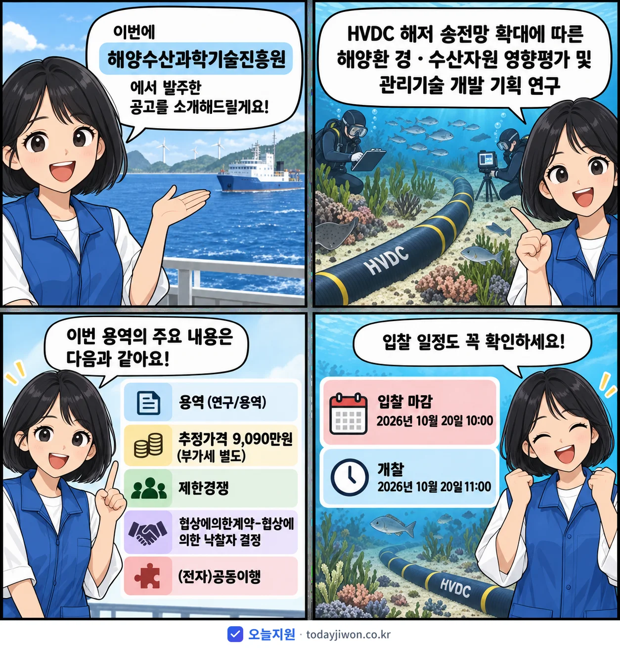 4컷 만화로 보는 공고: 해양수산과학기술진흥원 'HVDC 해저 송전망 확대에 따른 해양환 경·수산자원 영향평가 및 관리…', 추정가격 9,090만원, 입찰 마감 10/20 10:00