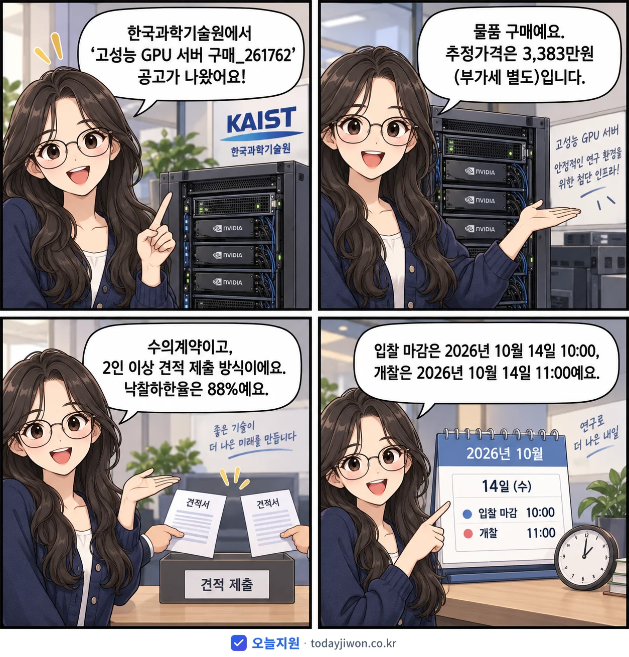 4컷 만화로 보는 공고: 한국과학기술원 '고성능 GPU 서버 구매_261762', 추정가격 3,383만원, 입찰 마감 10/14 10:00