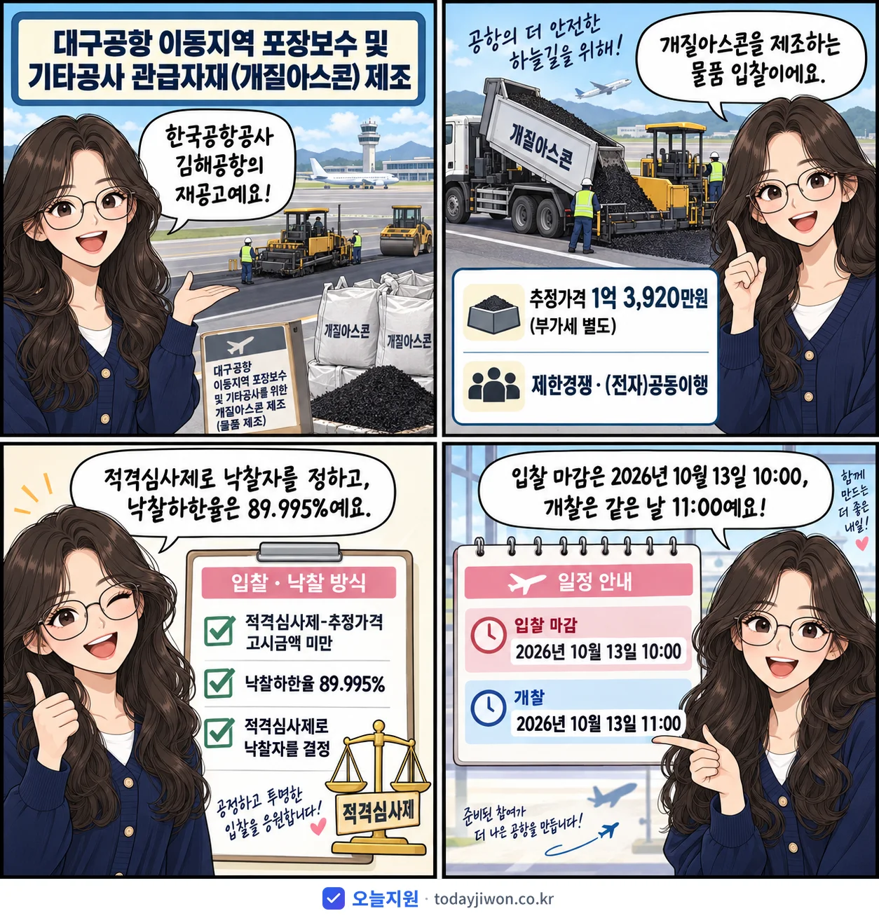 4컷 만화로 보는 공고: 한국공항공사 김해공항 '대구공항 이동지역 포장보수 및 기타공사 관급자재(개질아스콘) 제조', 추정가격 1억 3,920만원, 입찰 마감 10/13 10:00