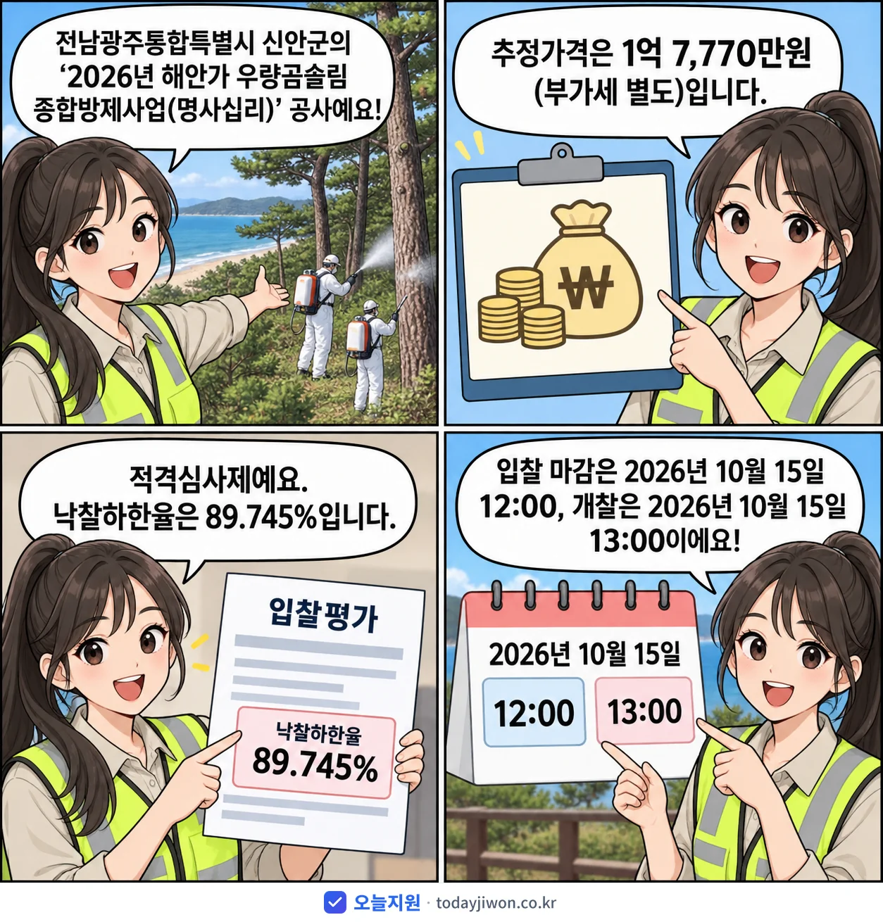 4컷 만화로 보는 공고: 전남광주통합특별시 신안군 '해안가 우량곰솔림 종합방제사업(명사십리)', 추정가격 1억 7,770만원, 입찰 마감 10/15 12:00