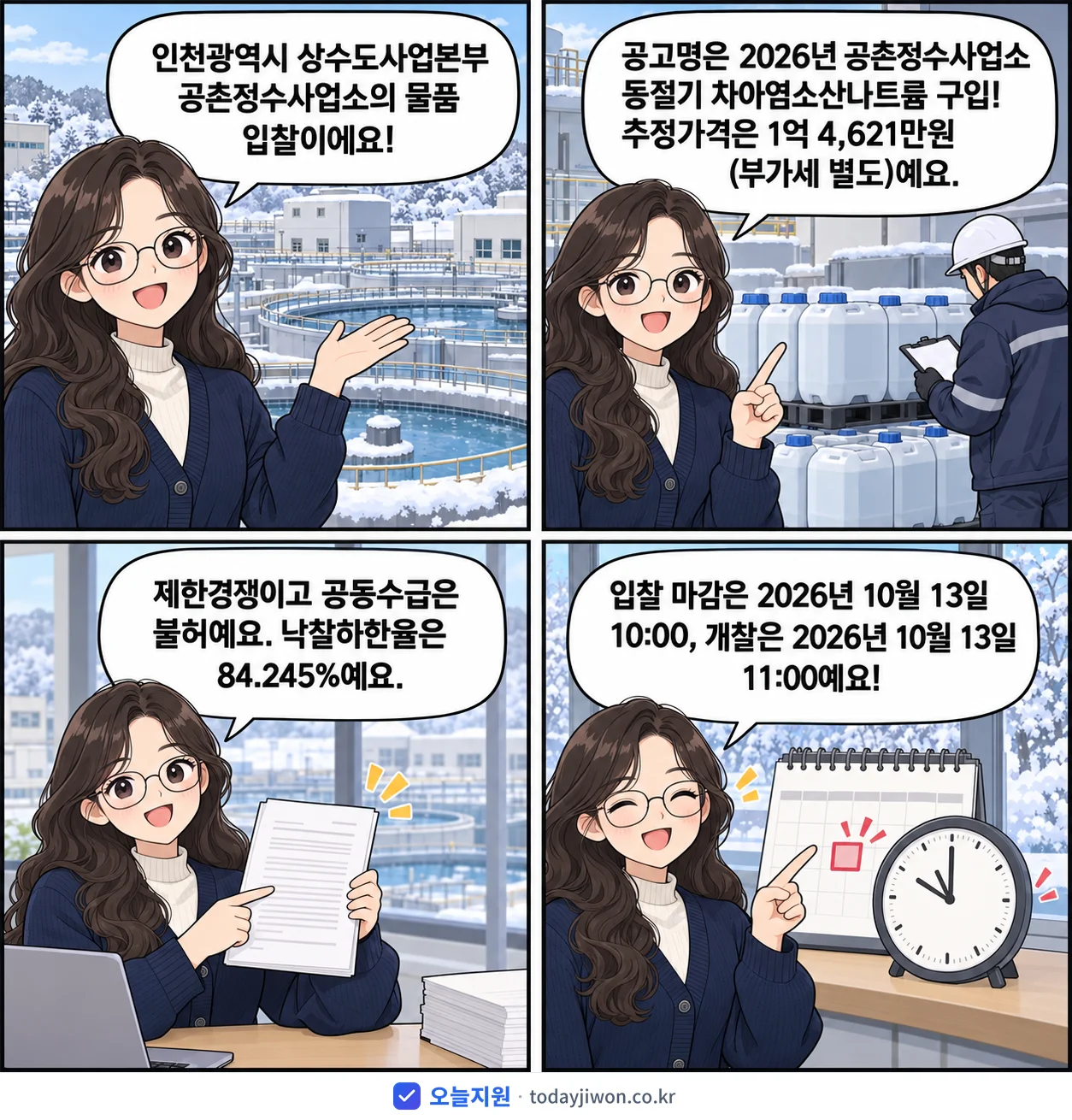 4컷 만화로 보는 공고: 인천광역시 상수도사업본부 공촌정수사업소 '공촌정수사업소 동절기 차아염소산나트륨 구입', 추정가격 1억 4,621만원, 입찰 마감 10/13 10:00