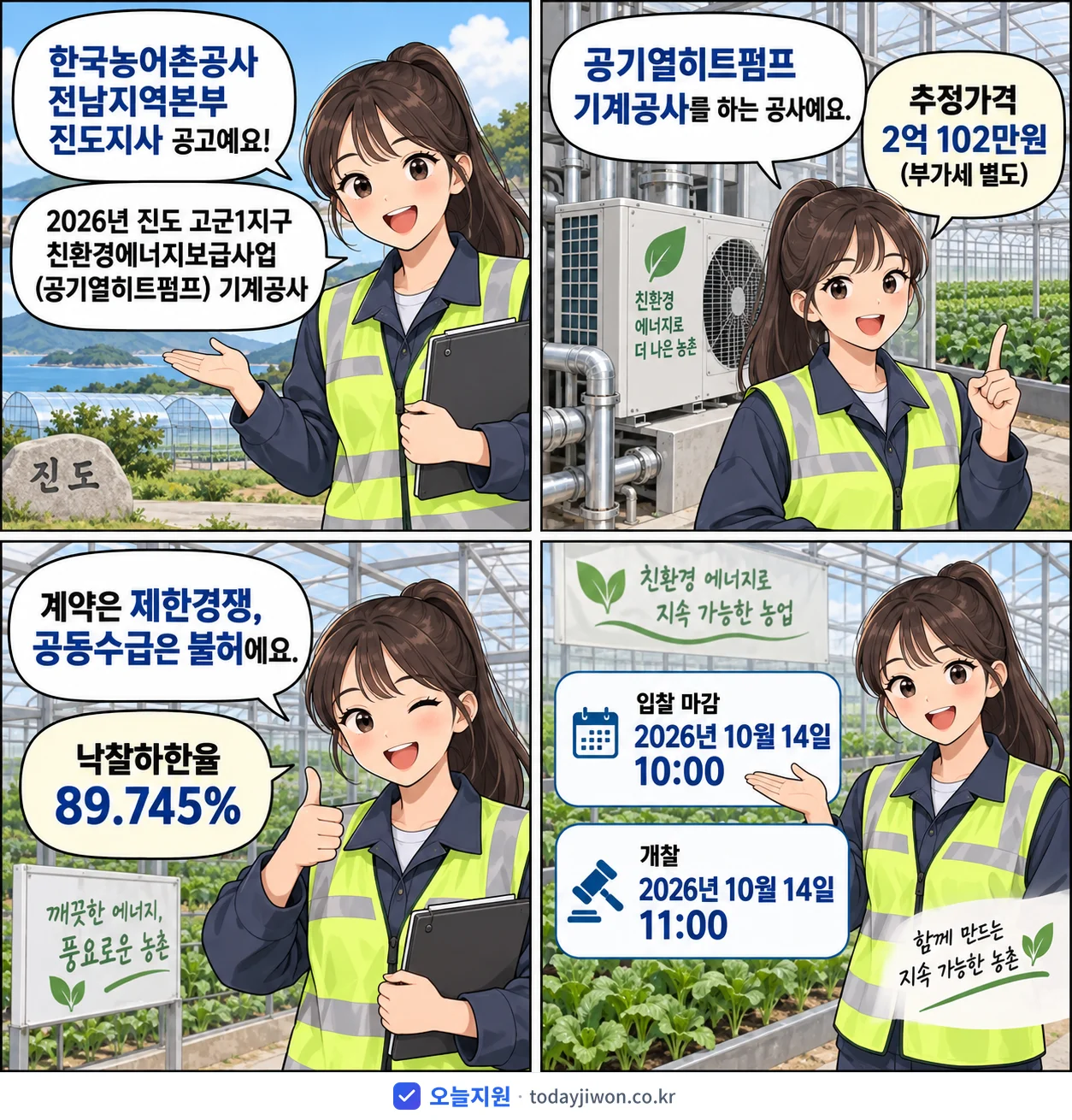 4컷 만화로 보는 공고: 한국농어촌공사 전남지역본부 진도지사 '진도 고군1지구 친환경에너지보급사업(공기열히트펌프) 기계공사', 추정가격 2억 102만원, 입찰 마감 10/14 10:00