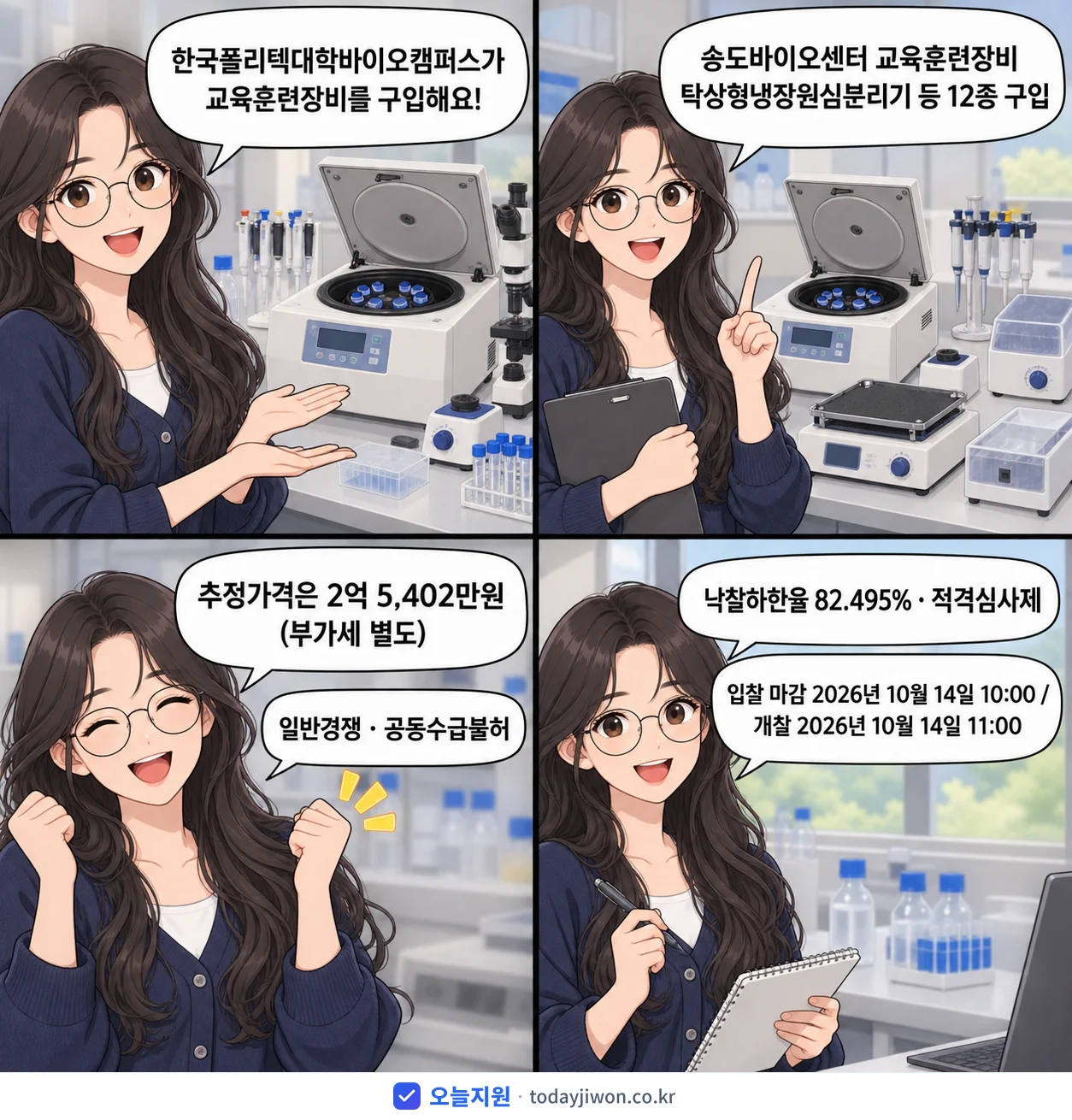 4컷 만화로 보는 공고: 한국폴리텍대학바이오캠퍼스 '송도바이오센터 교육훈련장비 탁상형냉장원심분리기 등 12종 구입', 추정가격 2억 5,402만원, 입찰 마감 10/14 10:00