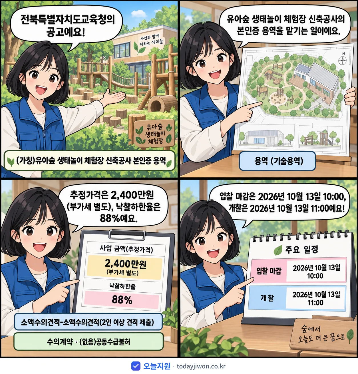 4컷 만화로 보는 공고: 전북특별자치도교육청 '(가칭)유아숲 생태놀이 체험장 신축공사 본인증 용역', 추정가격 2,400만원, 입찰 마감 10/13 10:00
