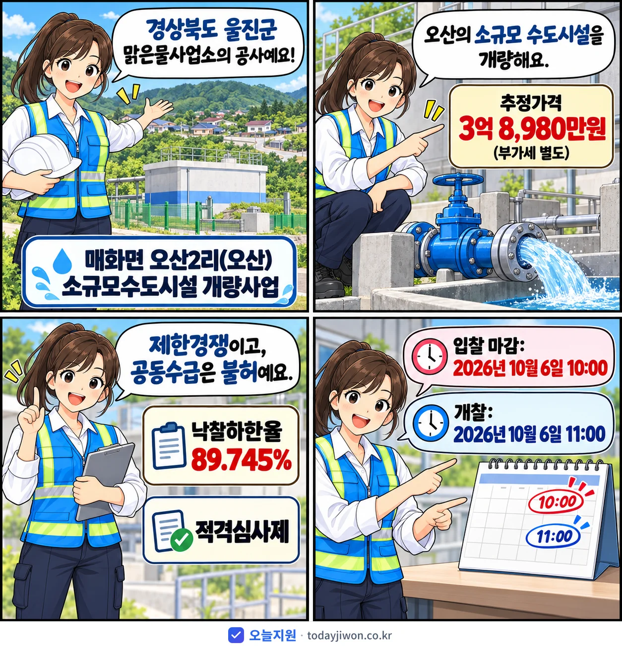 4컷 만화로 보는 공고: 경상북도 울진군 맑은물사업소 '매화면 오산2리(오산) 소규모수도시설 개량사업', 추정가격 3억 8,980만원, 입찰 마감 10/6 10:00