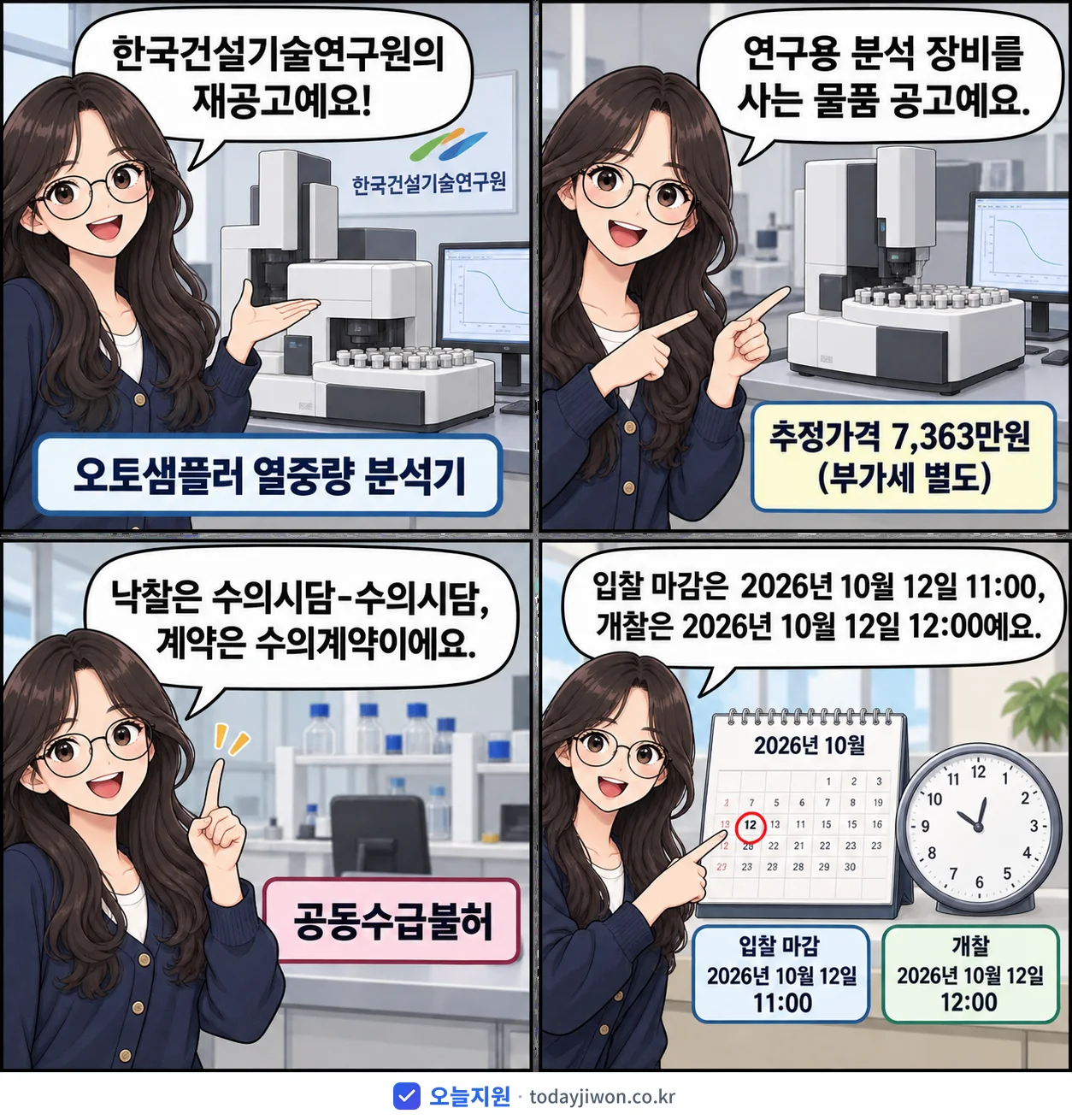 4컷 만화로 보는 공고: 한국건설기술연구원 '오토샘플러 열중량 분석기', 추정가격 7,363만원, 입찰 마감 10/12 11:00