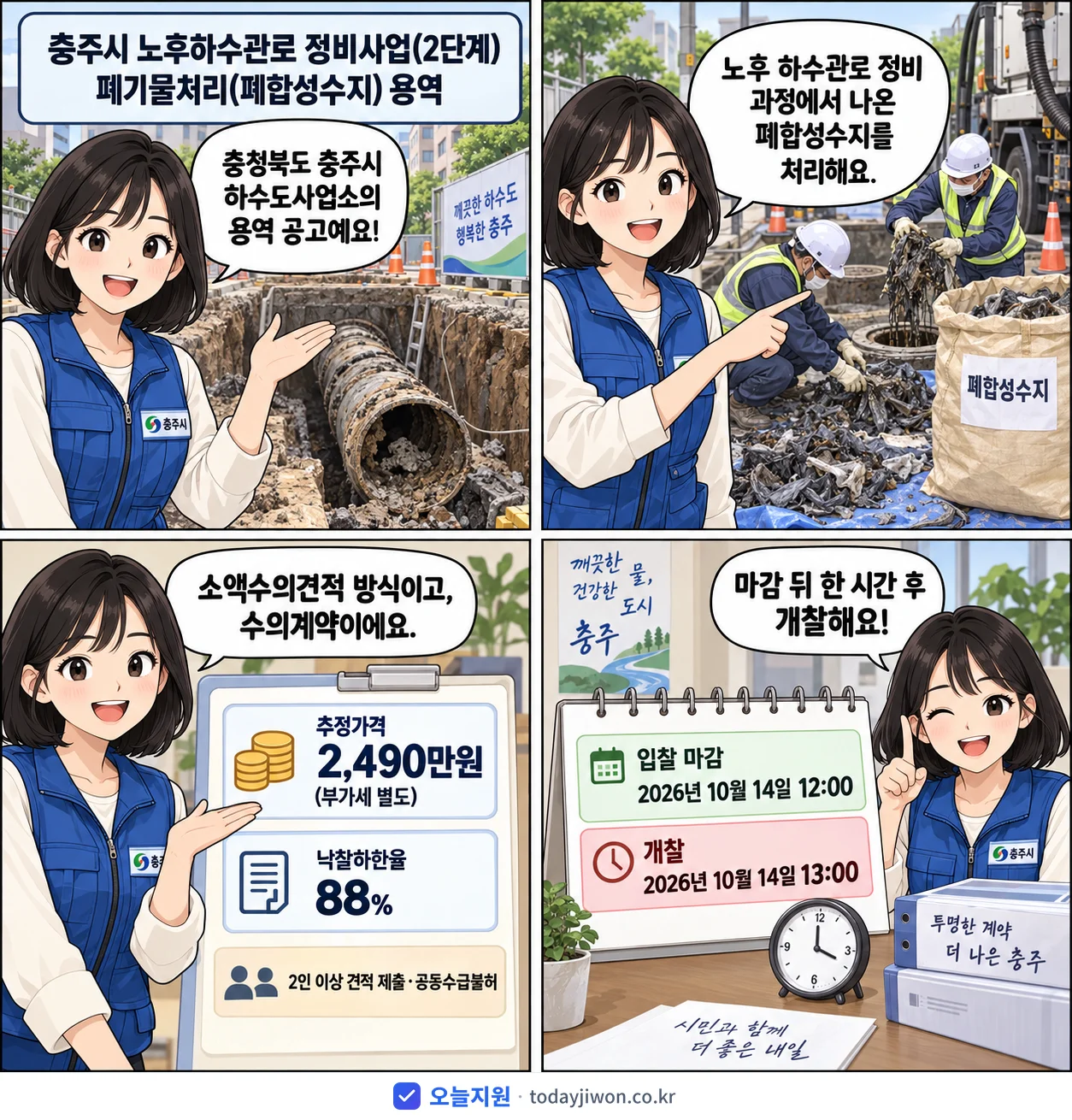 4컷 만화로 보는 공고: 충청북도 충주시 하수도사업소 '충주시 노후하수관로 정비사업(2단계) 폐기물처리(폐합성수지) 용역', 추정가격 2,490만원, 입찰 마감 10/14 12:00