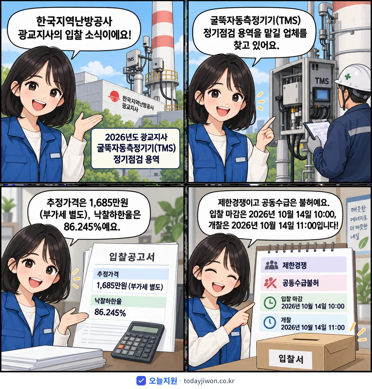 4컷 만화로 보는 공고: 한국지역난방공사 광교지사 '광교지사 굴뚝자동측정기기(TMS) 정기점검 용역', 추정가격 1,685만원, 입찰 마감 10/14 10:00