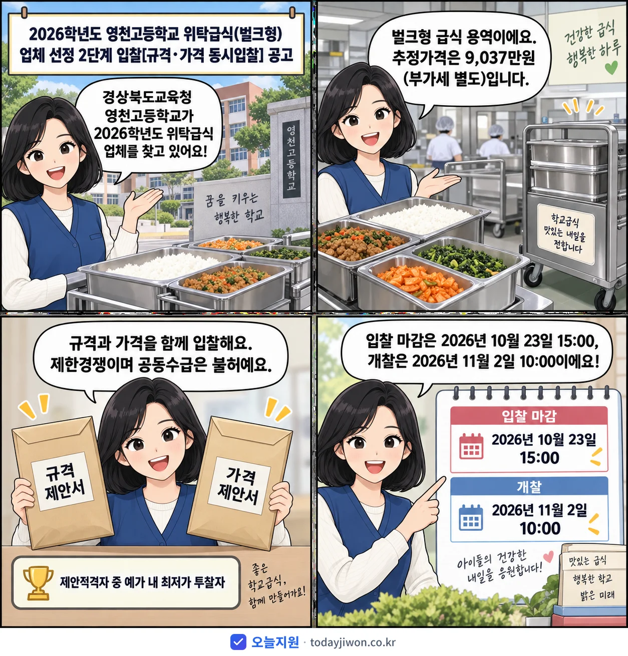 4컷 만화로 보는 공고: 경상북도교육청 영천고등학교 '학년도 영천고등학교 위탁급식(벌크형) 업체 선정 2단계 입찰 공고', 추정가격 9,037만원, 입찰 마감 10/23 15:00