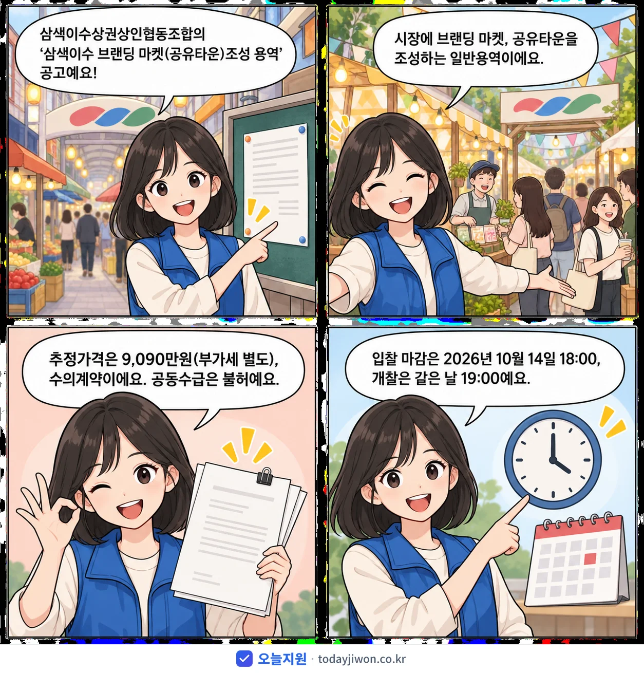 4컷 만화로 보는 공고: 삼색이수상권상인협동조합 '삼색이수 브랜딩 마켓(공유타운)조성 용역', 추정가격 9,090만원, 입찰 마감 10/14 18:00