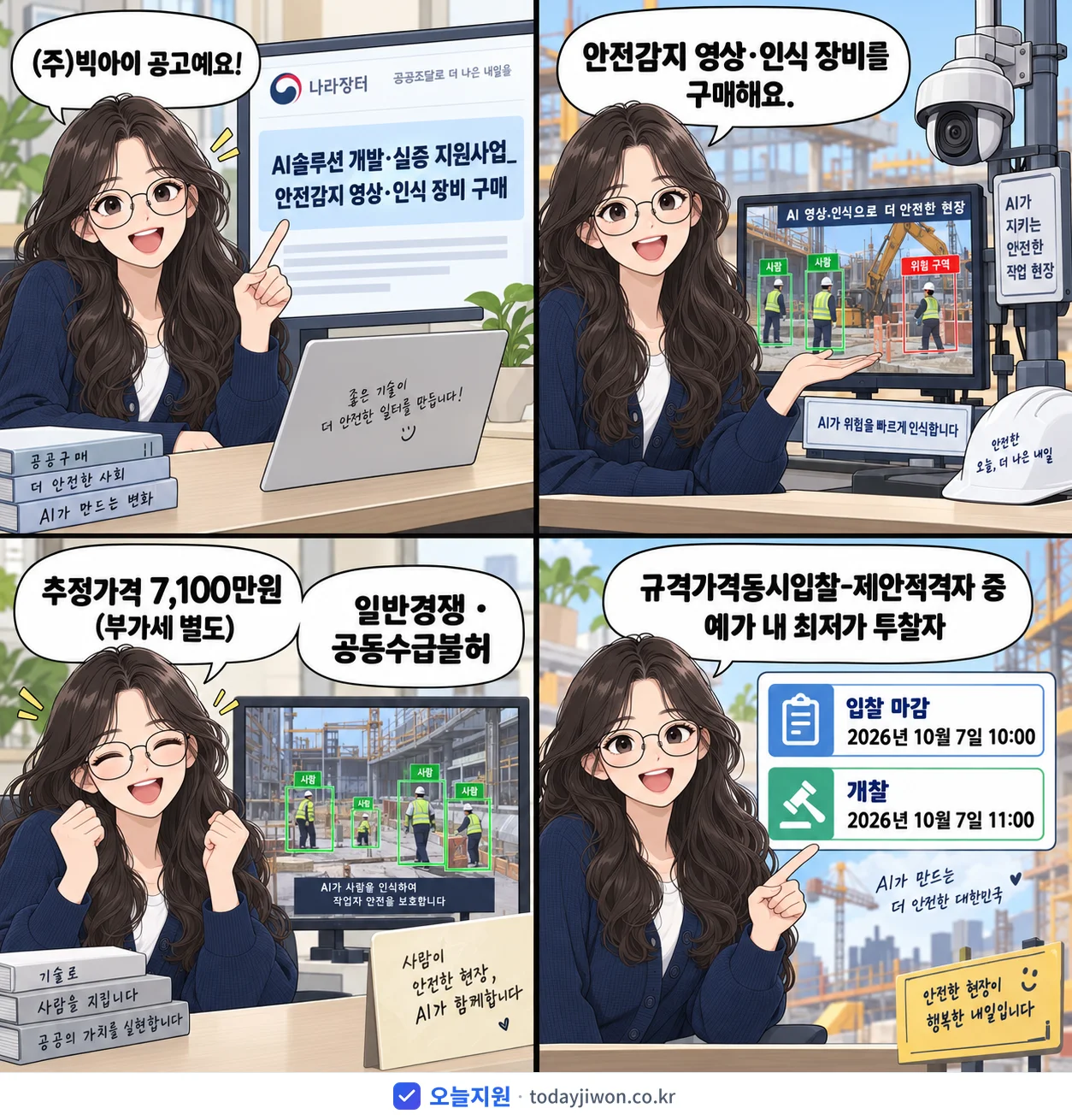 4컷 만화로 보는 공고: (주)빅아이 'AI솔루션 개발·실증 지원사업_안전감지 영상·인식 장비 구매', 추정가격 7,100만원, 입찰 마감 10/7 10:00