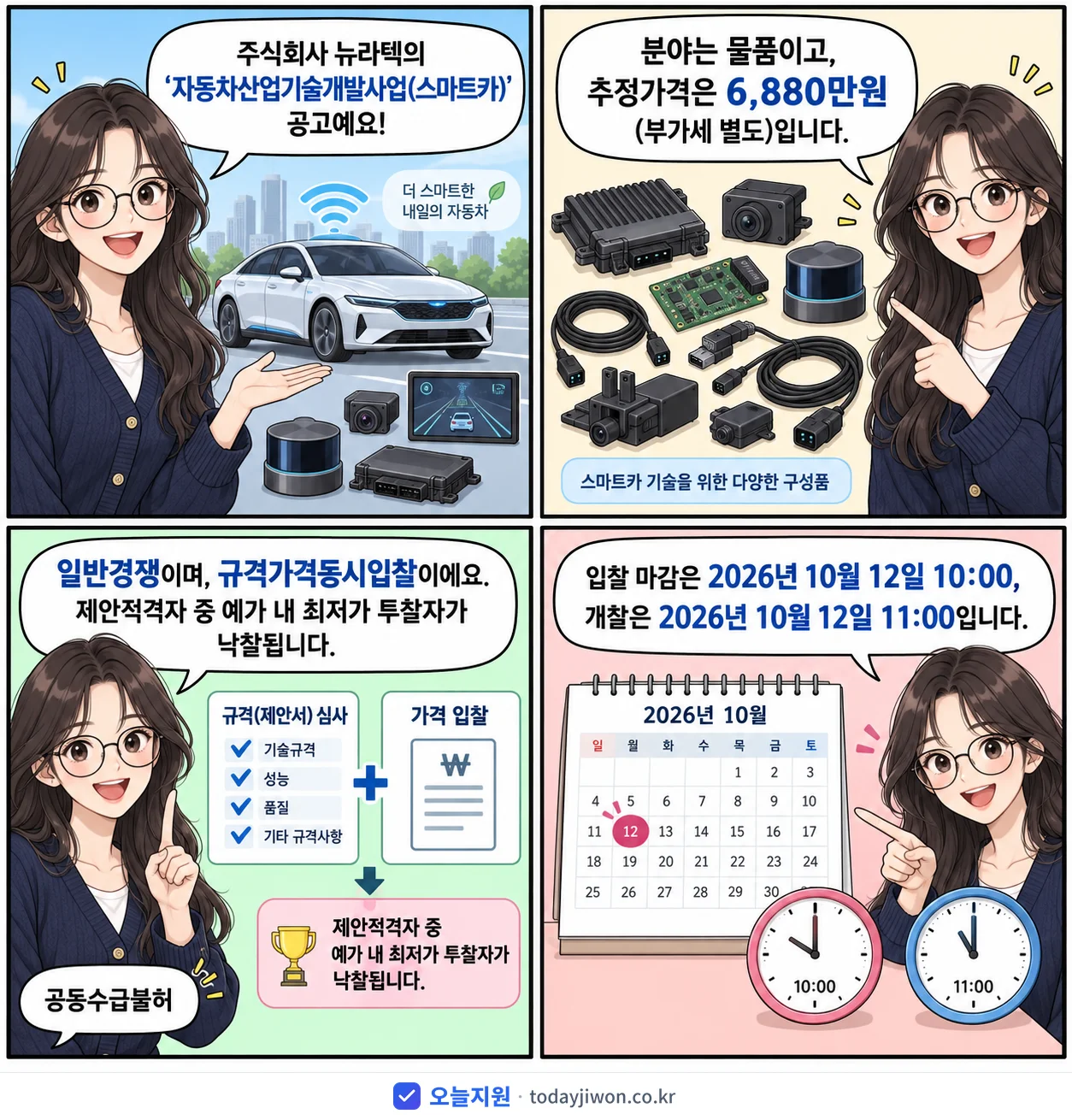 4컷 만화로 보는 공고: 주식회사 뉴라텍 '자동차산업기술개발사업(스마트카)', 추정가격 6,880만원, 입찰 마감 10/12 10:00