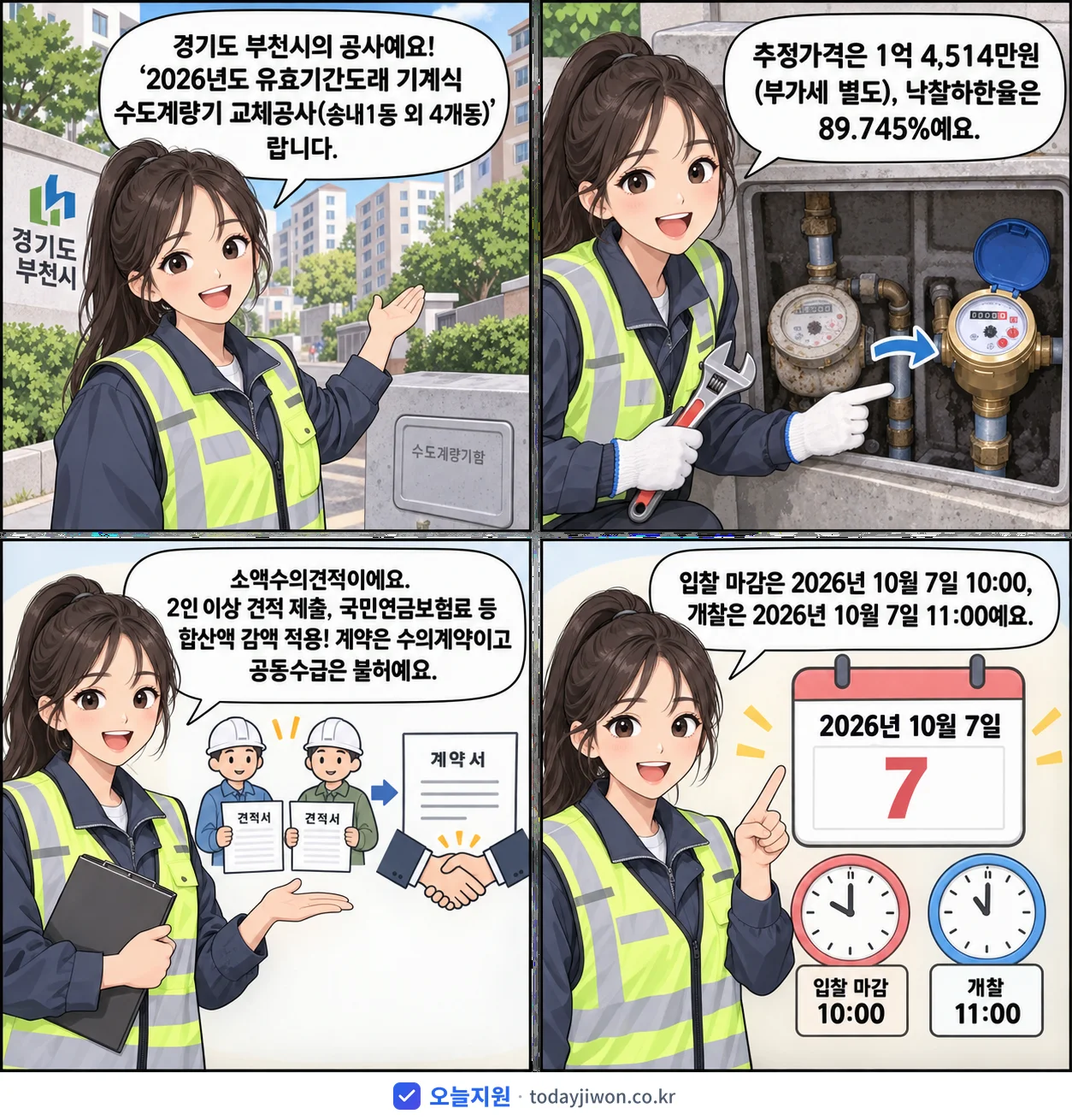 4컷 만화로 보는 공고: 경기도 부천시 '유효기간도래 기계식 수도계량기 교체공사(송내1동 외 4개동)', 추정가격 1억 4,514만원, 입찰 마감 10/7 10:00
