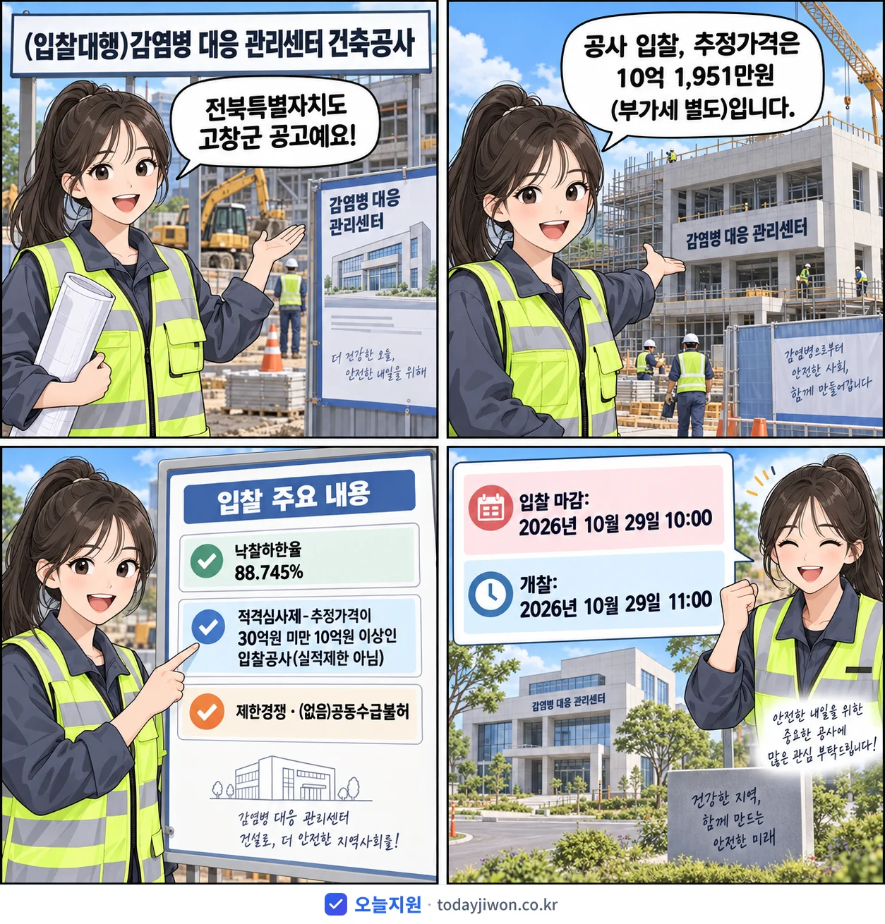 4컷 만화로 보는 공고: 전북특별자치도 고창군 '(입찰대행)감염병 대응 관리센터 건축공사', 추정가격 10억 1,951만원, 입찰 마감 10/29 10:00