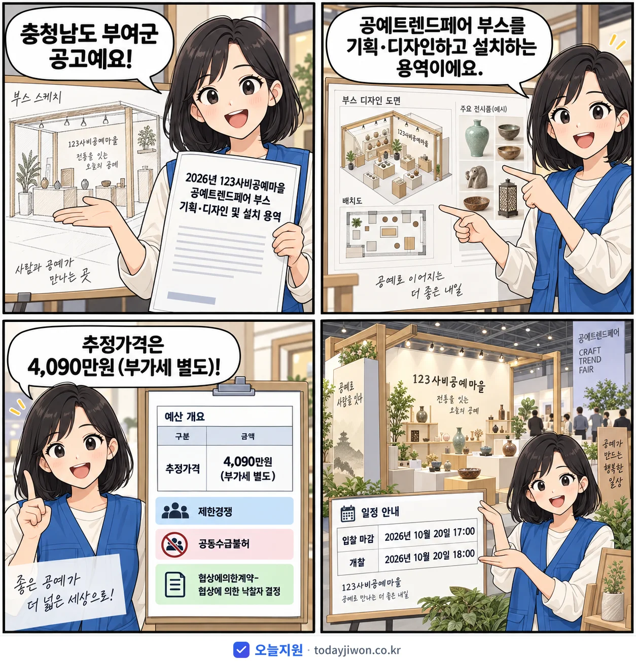 4컷 만화로 보는 공고: 충청남도 부여군 '123사비공예마을 공예트렌드페어 부스 기획·디자인 및 설치 용역', 추정가격 4,090만원, 입찰 마감 10/20 17:00