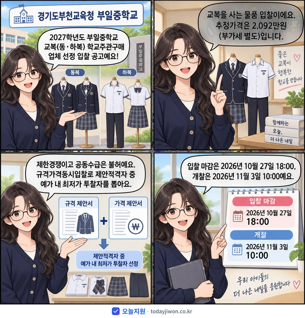 4컷 만화로 보는 공고: 경기도부천교육청 부일중학교 '학년도 부일중학교 교복(동·하복) 학교주관구매 업체 선정 입찰 공고', 추정가격 2,092만원, 입찰 마감 10/27 18:00