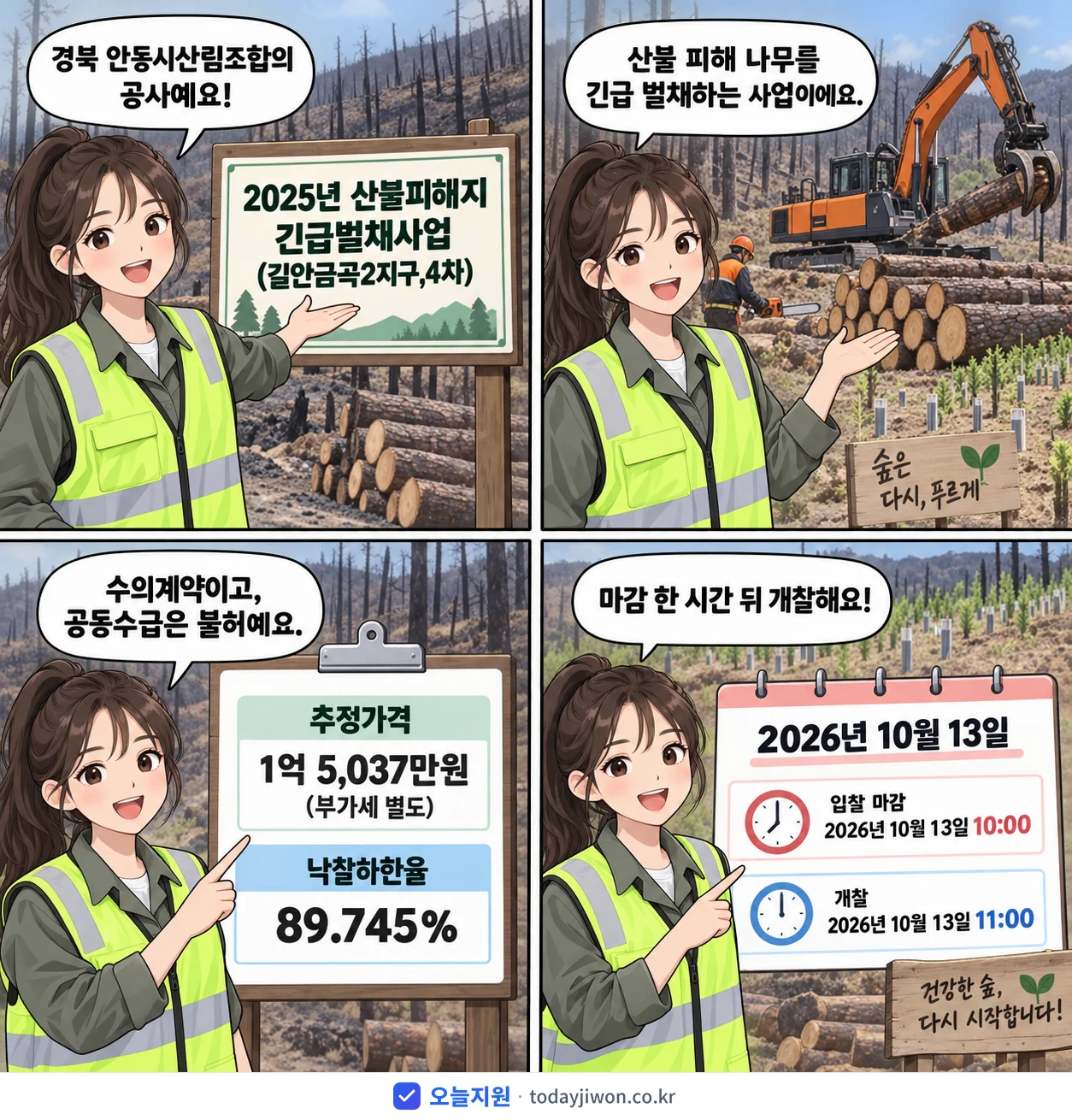 4컷 만화로 보는 공고: 경북 안동시산림조합 '산불피해지 긴급벌채사업(길안금곡2지구,4차)', 추정가격 1억 5,037만원, 입찰 마감 10/13 10:00