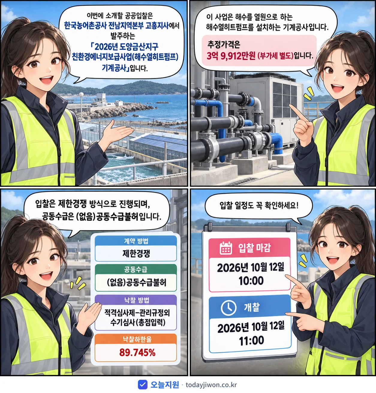 4컷 만화로 보는 공고: 한국농어촌공사 전남지역본부 고흥지사 '도양금산지구 친환경에너지보급사업(해수열히트펌프) 기계공사', 추정가격 3억 9,912만원, 입찰 마감 10/12 10:00