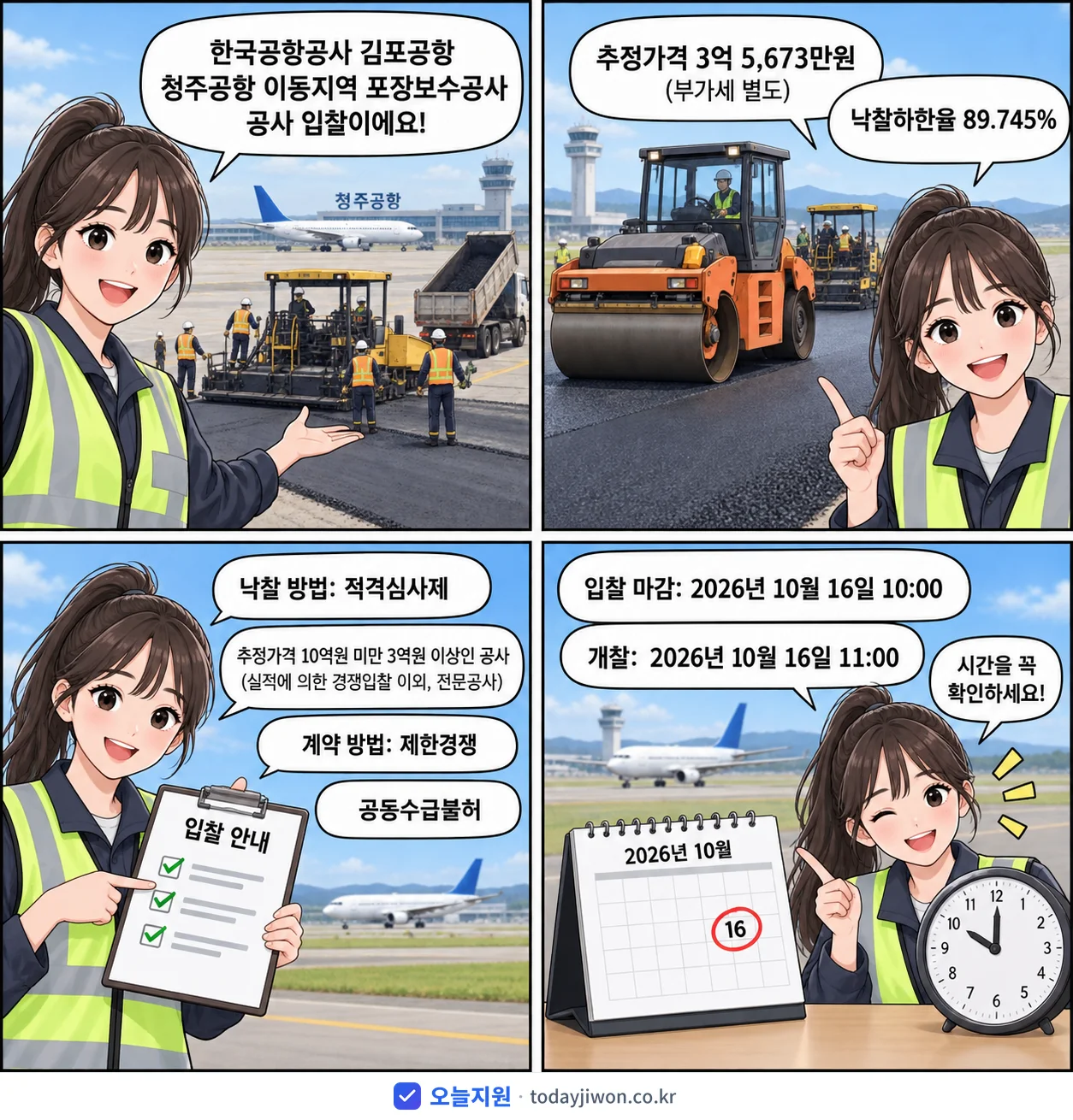 4컷 만화로 보는 공고: 한국공항공사 김포공항 '청주공항 이동지역 포장보수공사', 추정가격 3억 5,673만원, 입찰 마감 10/16 10:00