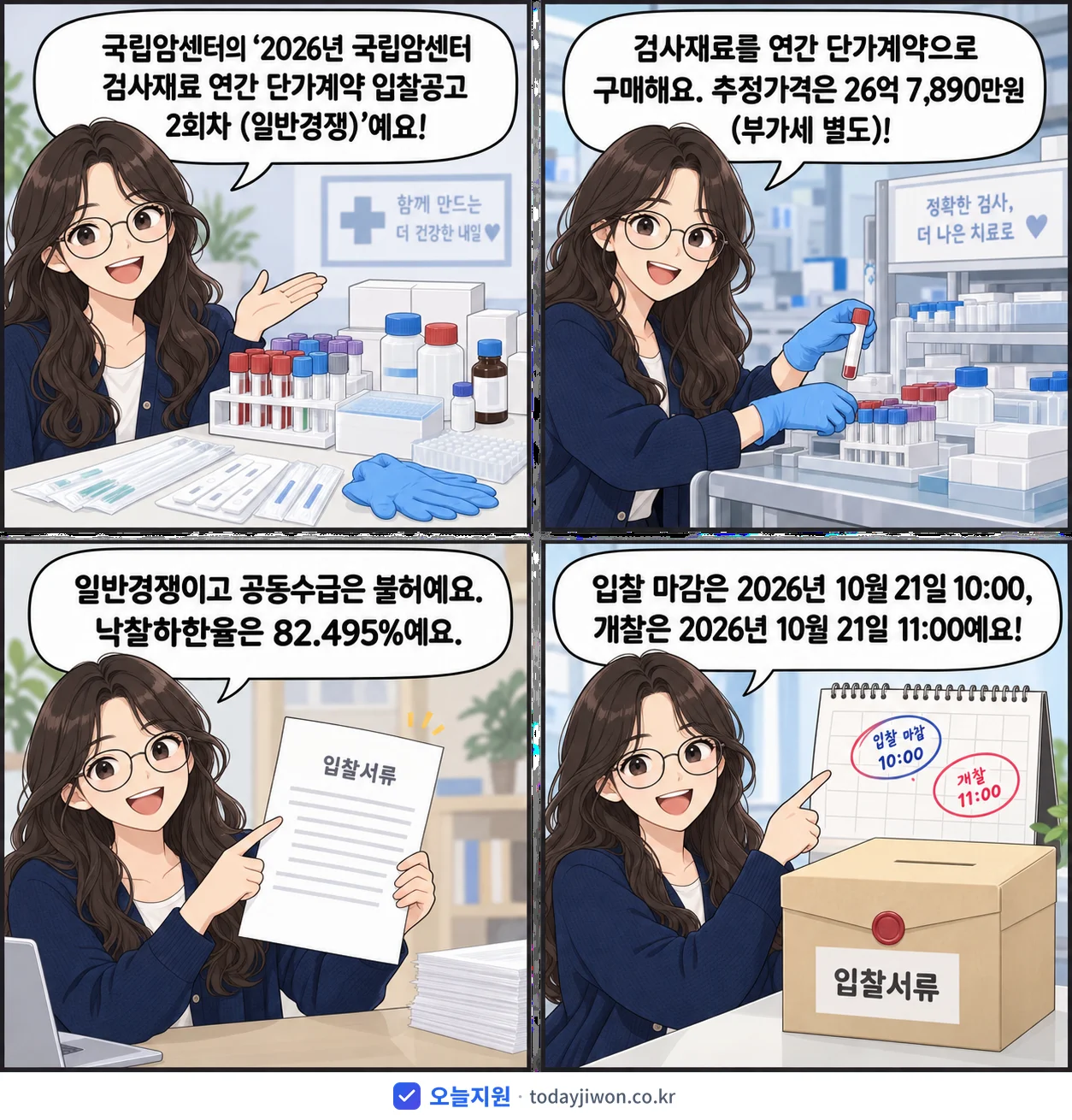 4컷 만화로 보는 공고: 국립암센터 '국립암센터 검사재료 연간 단가계약 입찰공고 2회차 (일반경쟁)', 추정가격 26억 7,890만원, 입찰 마감 10/21 10:00