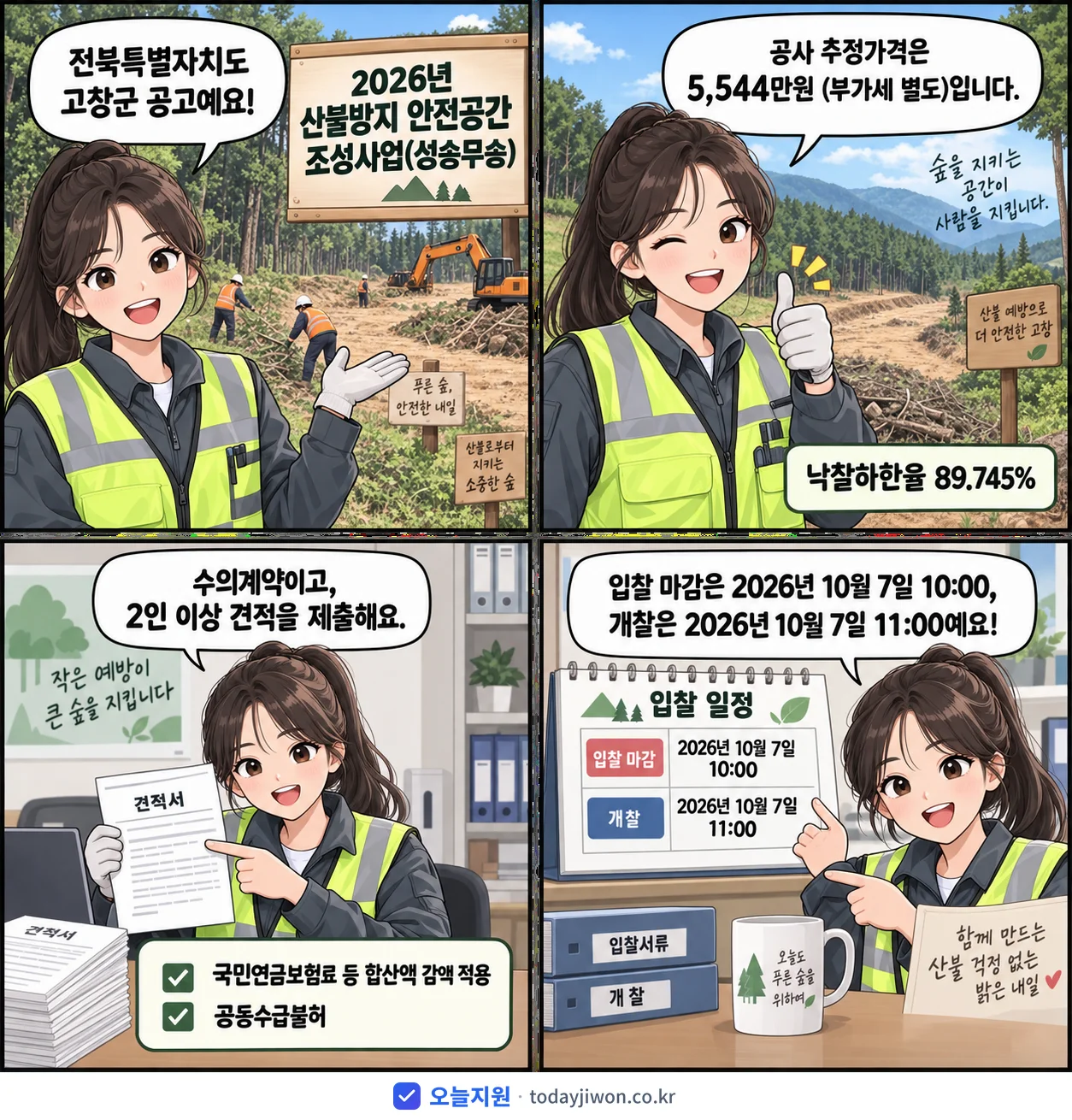 4컷 만화로 보는 공고: 전북특별자치도 고창군 '산불방지 안전공간 조성사업(성송무송)', 추정가격 5,544만원, 입찰 마감 10/7 10:00