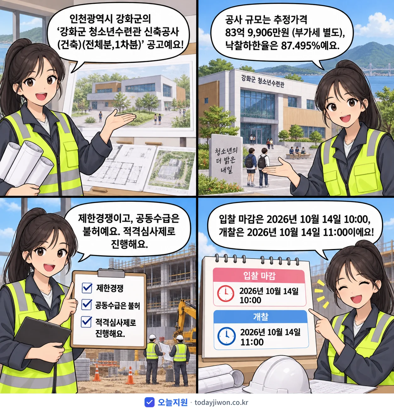 4컷 만화로 보는 공고: 인천광역시 강화군 '강화군 청소년수련관 신축공사(건축)(전체분,1차분)', 추정가격 83억 9,906만원, 입찰 마감 10/14 10:00