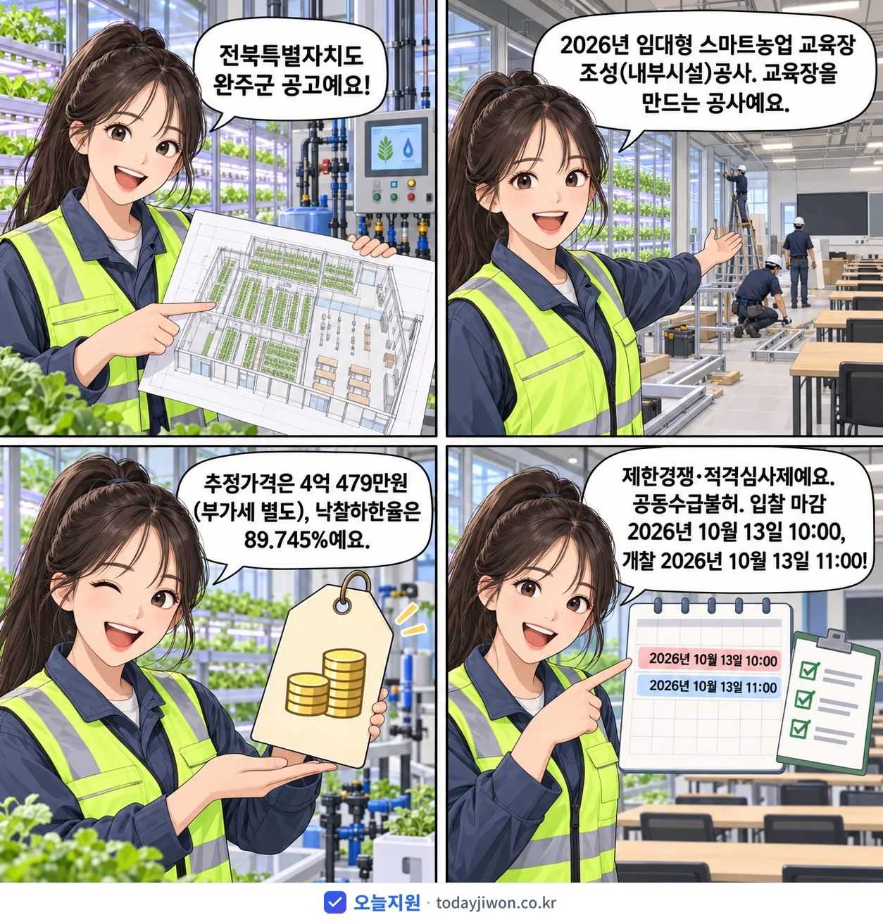 4컷 만화로 보는 공고: 전북특별자치도 완주군 '임대형 스마트농업 교육장 조성(내부시설)공사', 추정가격 4억 479만원, 입찰 마감 10/13 10:00