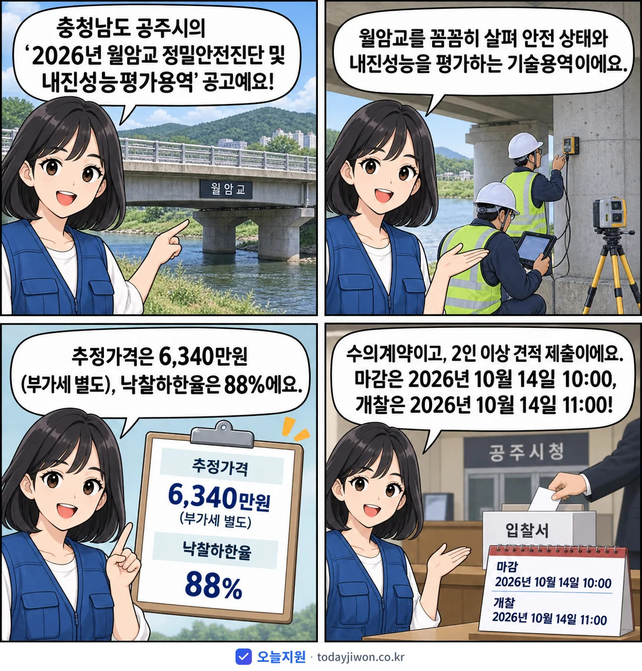 4컷 만화로 보는 공고: 충청남도 공주시 '월암교 정밀안전진단 및 내진성능평가용역', 추정가격 6,340만원, 입찰 마감 10/14 10:00