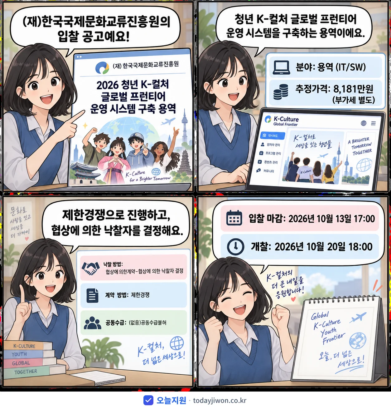 4컷 만화로 보는 공고: (재)한국국제문화교류진흥원 '청년 K-컬처 글로벌 프런티어 운영 시스템 구축 용역', 추정가격 8,181만원, 입찰 마감 10/13 17:00