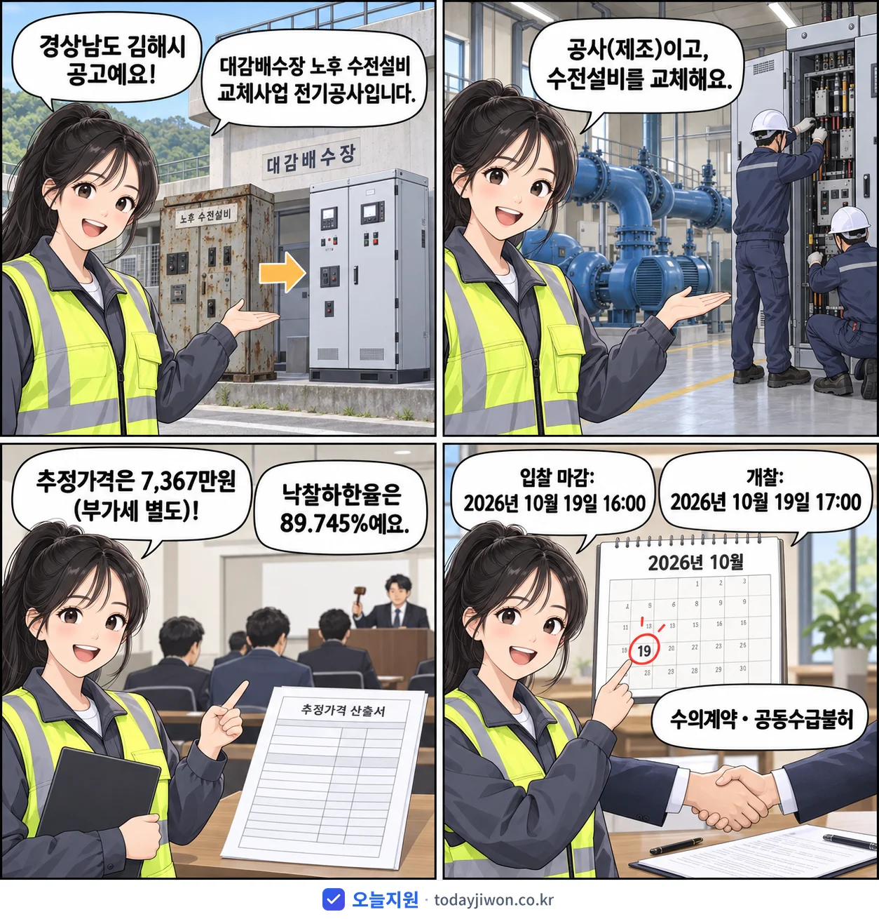 4컷 만화로 보는 공고: 경상남도 김해시 '대감배수장 노후 수전설비 교체사업 전기공사', 추정가격 7,367만원, 입찰 마감 10/19 16:00