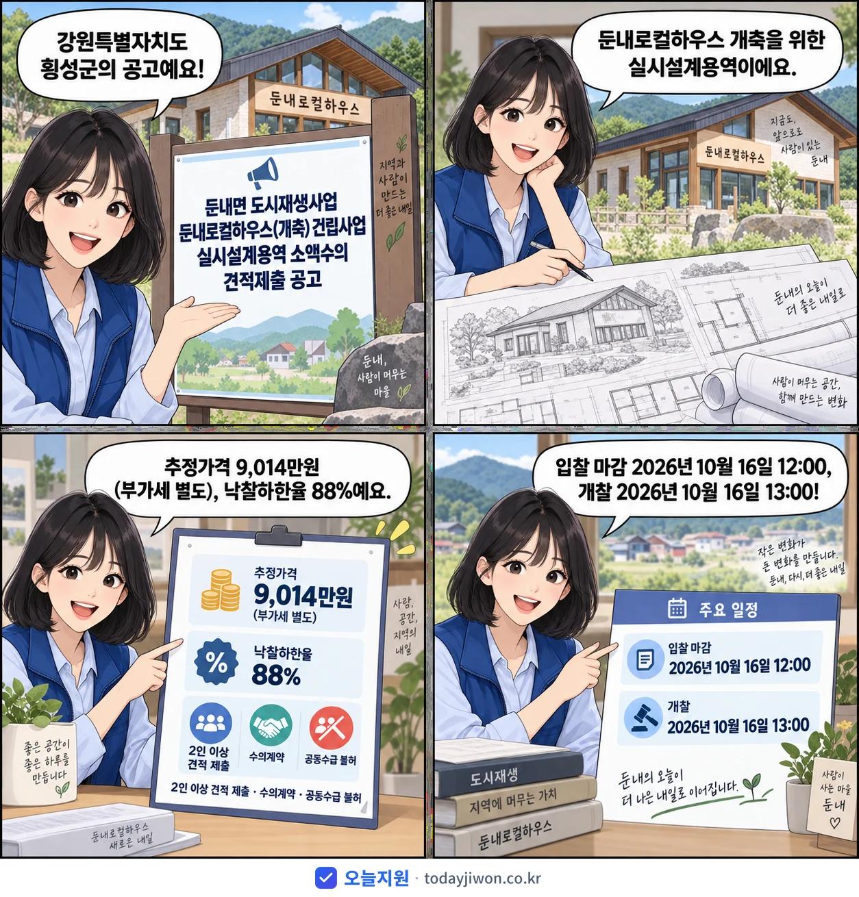 4컷 만화로 보는 공고: 강원특별자치도 횡성군 '둔내면 도시재생사업 둔내로컬하우스(개축) 건립사업 실시설계용역 소액수의…', 추정가격 9,014만원, 입찰 마감 10/16 12:00