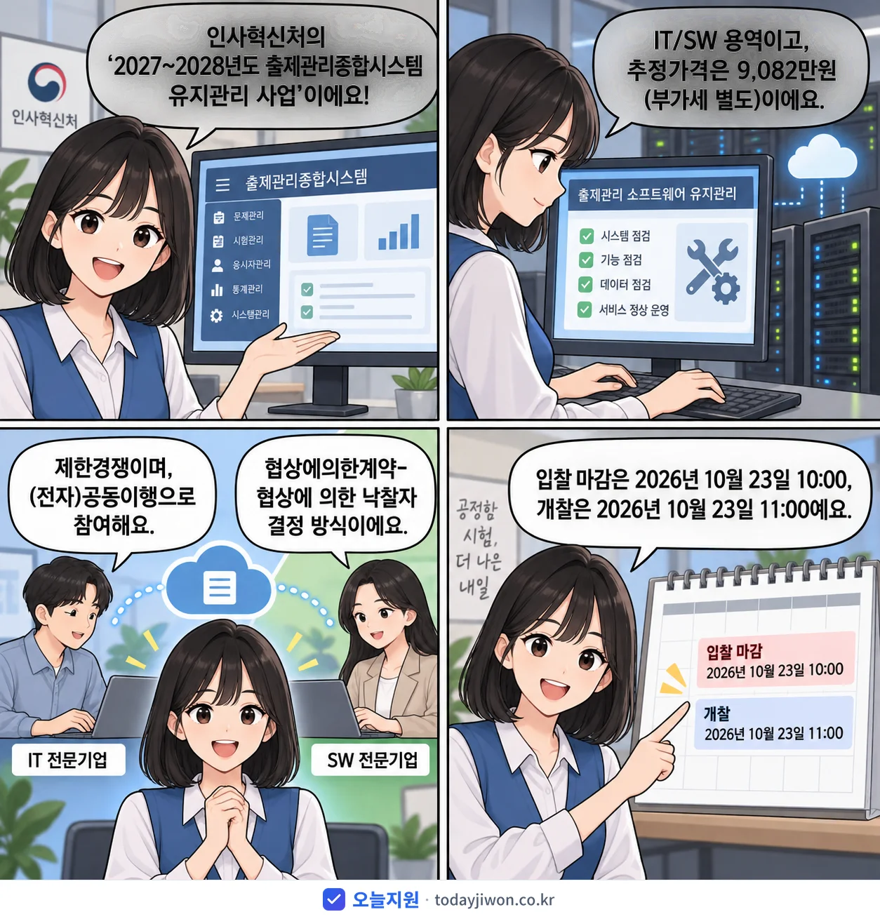 4컷 만화로 보는 공고: 인사혁신처 '~2028년도 출제관리종합시스템 유지관리 사업', 추정가격 9,082만원, 입찰 마감 10/23 10:00