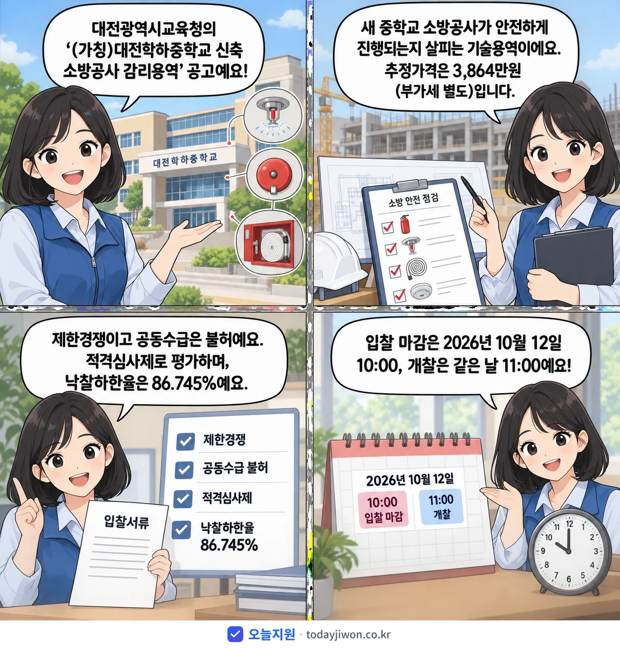 4컷 만화로 보는 공고: 대전광역시교육청 '(가칭)대전학하중학교 신축 소방공사 감리용역', 추정가격 3,864만원, 입찰 마감 10/12 10:00