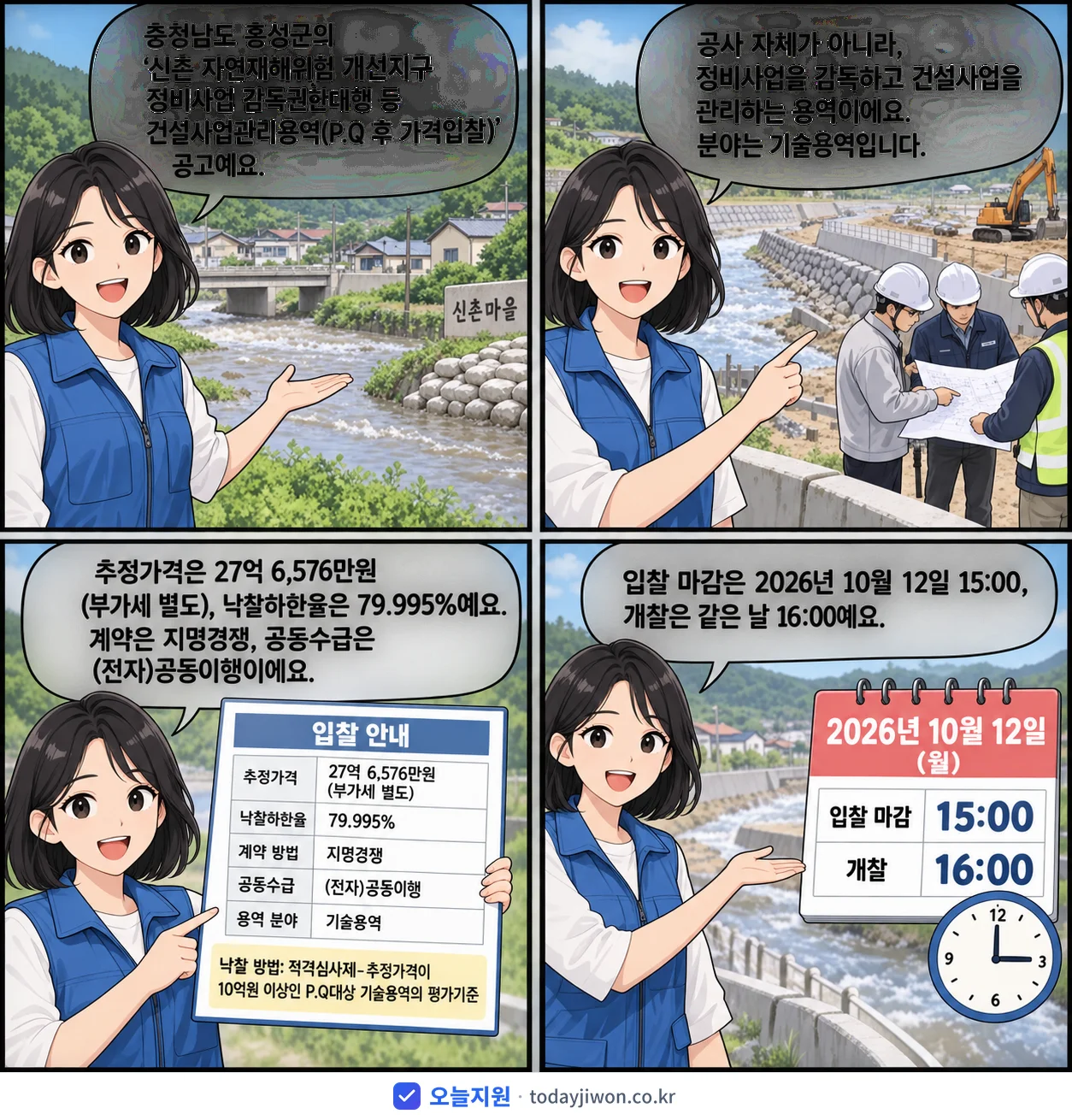 4컷 만화로 보는 공고: 충청남도 홍성군 '신촌 자연재해위험 개선지구 정비사업 감독권한대행 등 건설사업관리용역(P…', 추정가격 27억 6,576만원, 입찰 마감 10/12 15:00
