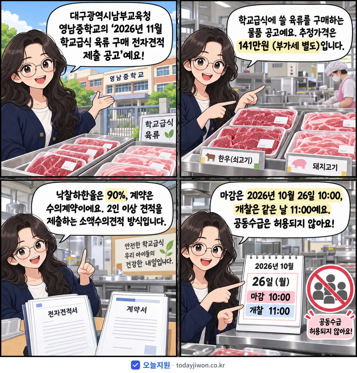 4컷 만화로 보는 공고: 대구광역시남부교육청 영남중학교 '11월 학교급식 육류 구매 전자견적 제출 공고', 추정가격 141만원, 입찰 마감 10/26 10:00