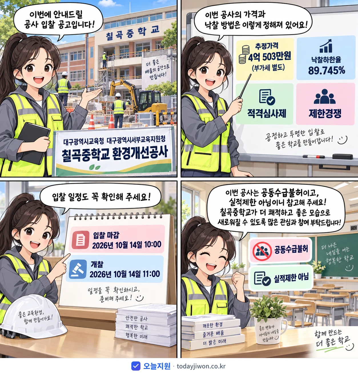 4컷 만화로 보는 공고: 대구광역시교육청 대구광역시서부교육지원청 '칠곡중학교 환경개선공사', 추정가격 4억 503만원, 입찰 마감 10/14 10:00