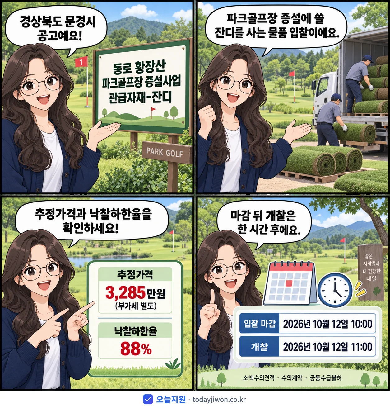 4컷 만화로 보는 공고: 경상북도 문경시 '동로 황장산 파크골프장 증설사업 관급자재-잔디', 추정가격 3,285만원, 입찰 마감 10/12 10:00