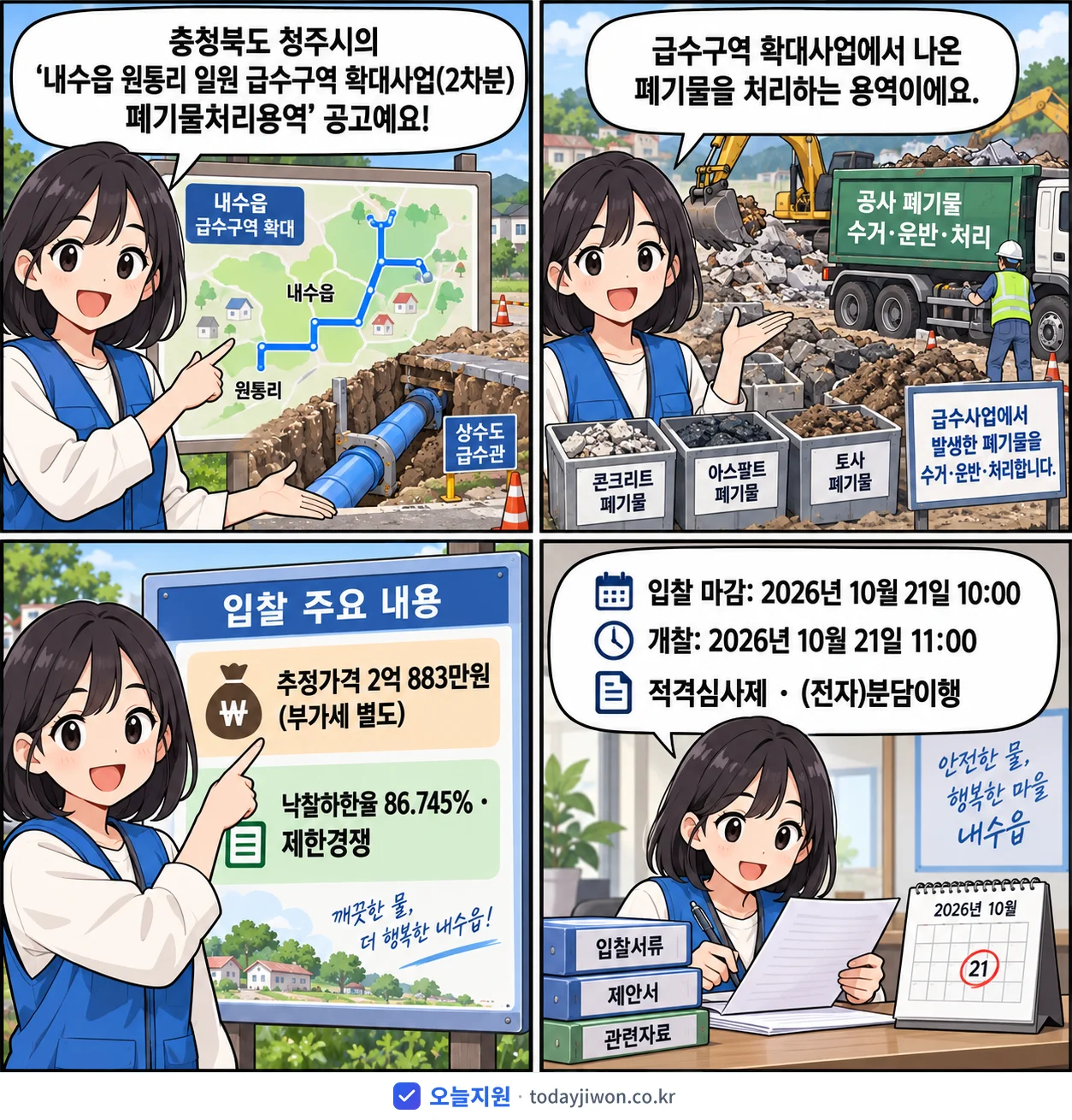 4컷 만화로 보는 공고: 충청북도 청주시 '내수읍 원통리 일원 급수구역 확대사업(2차분) 폐기물처리용역', 추정가격 2억 883만원, 입찰 마감 10/21 10:00