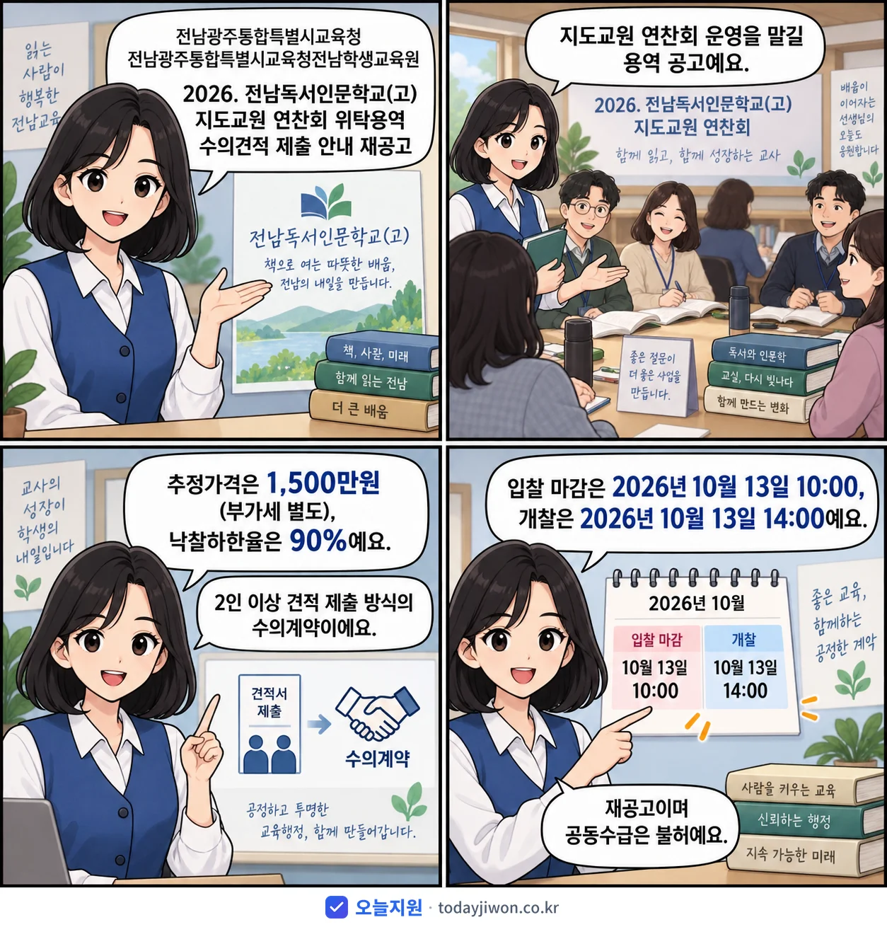4컷 만화로 보는 공고: 전남광주통합특별시교육청 전남광주통합특별시교육청전남학생교육원 '. 전남독서인문학교(고) 지도교원 연찬회 위탁용역 수의견적 제출 안내…', 추정가격 1,500만원, 입찰 마감 10/13 10:00
