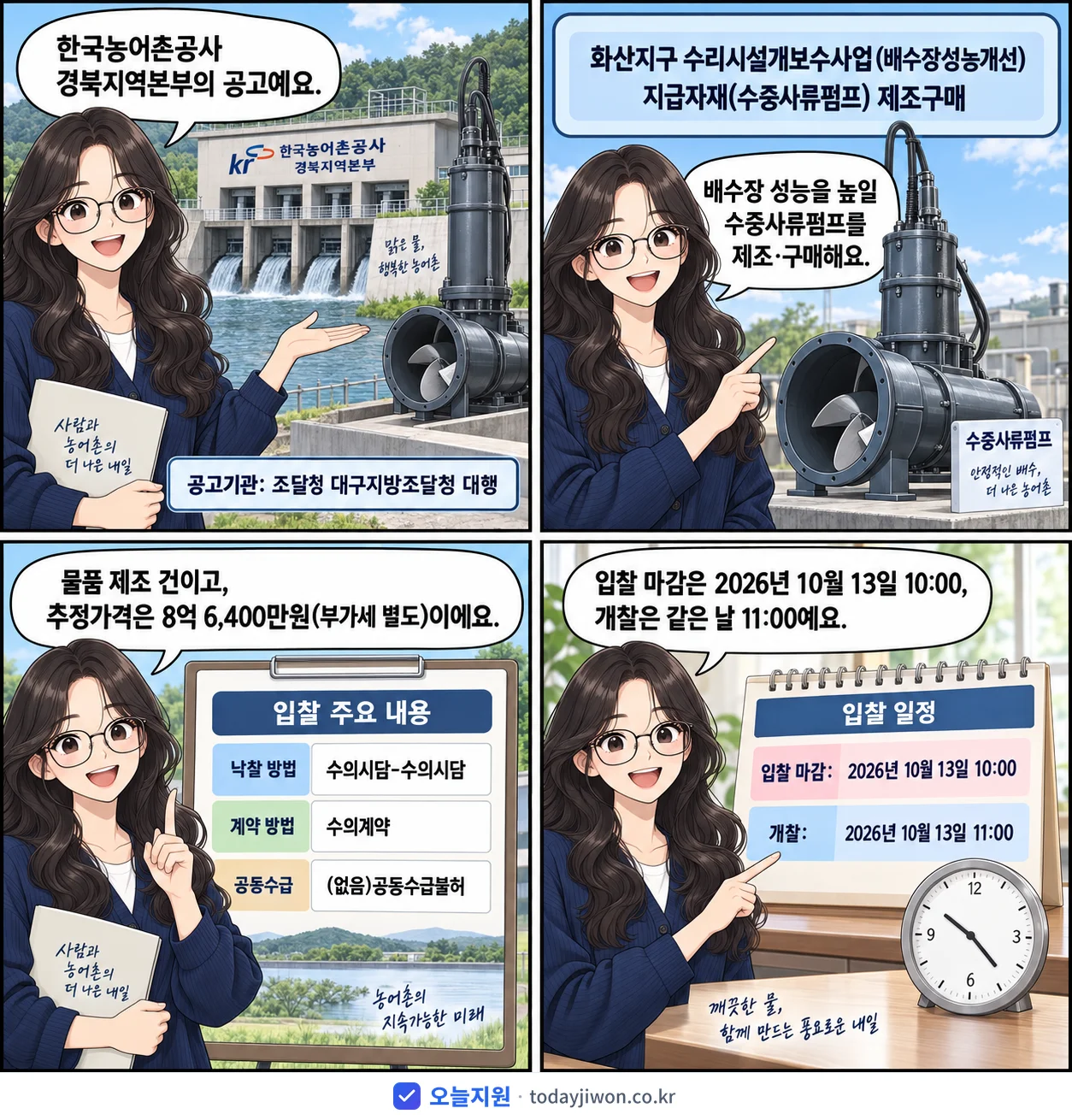 4컷 만화로 보는 공고: 한국농어촌공사 경북지역본부 '화산지구 수리시설개보수사업(배수장성능개선) 지급자재(수중사류펌프) 제조…', 추정가격 8억 6,400만원, 입찰 마감 10/13 10:00