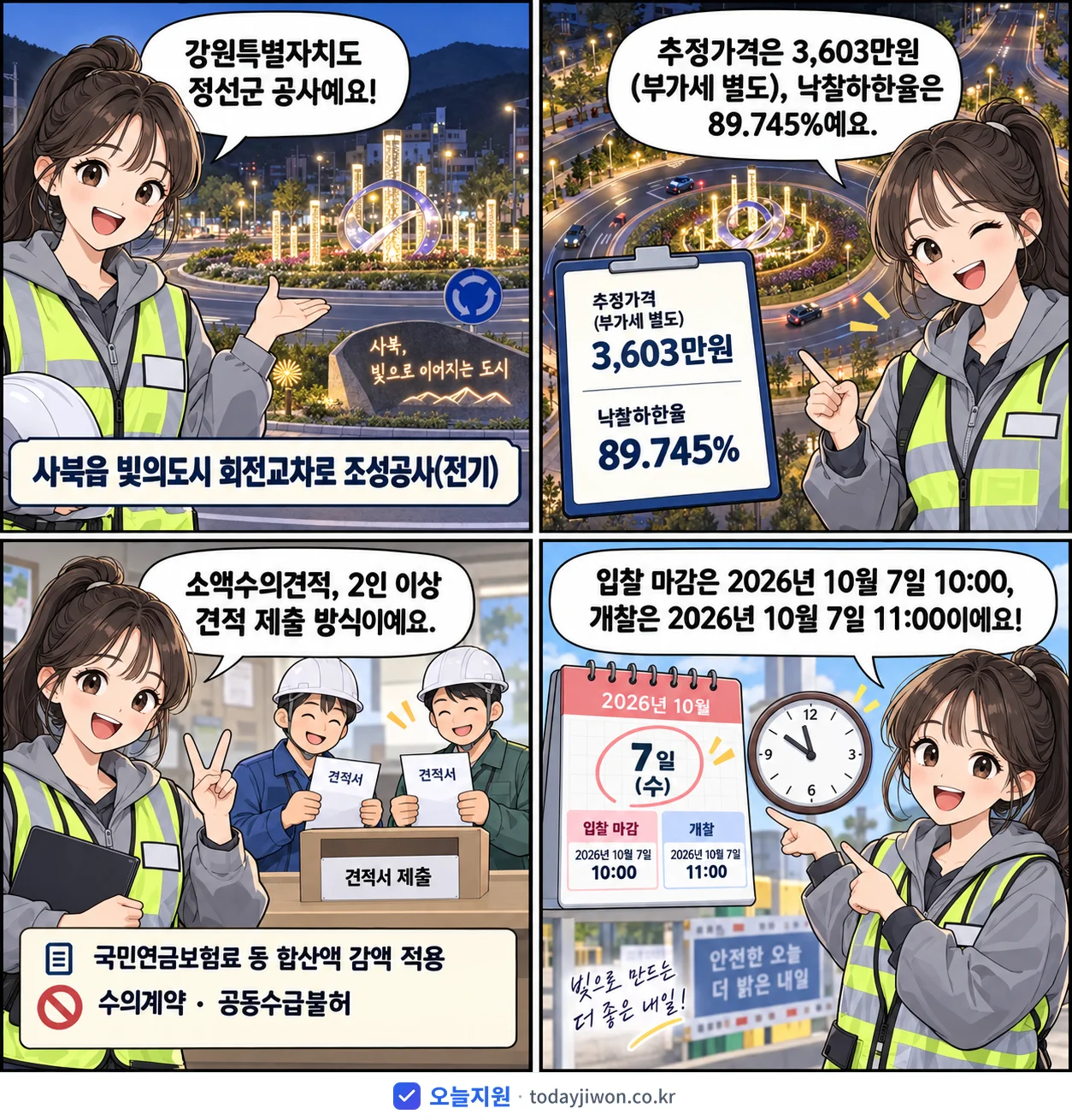 4컷 만화로 보는 공고: 강원특별자치도 정선군 '사북읍 빛의도시 회전교차로 조성공사(전기)', 추정가격 3,603만원, 입찰 마감 10/7 10:00